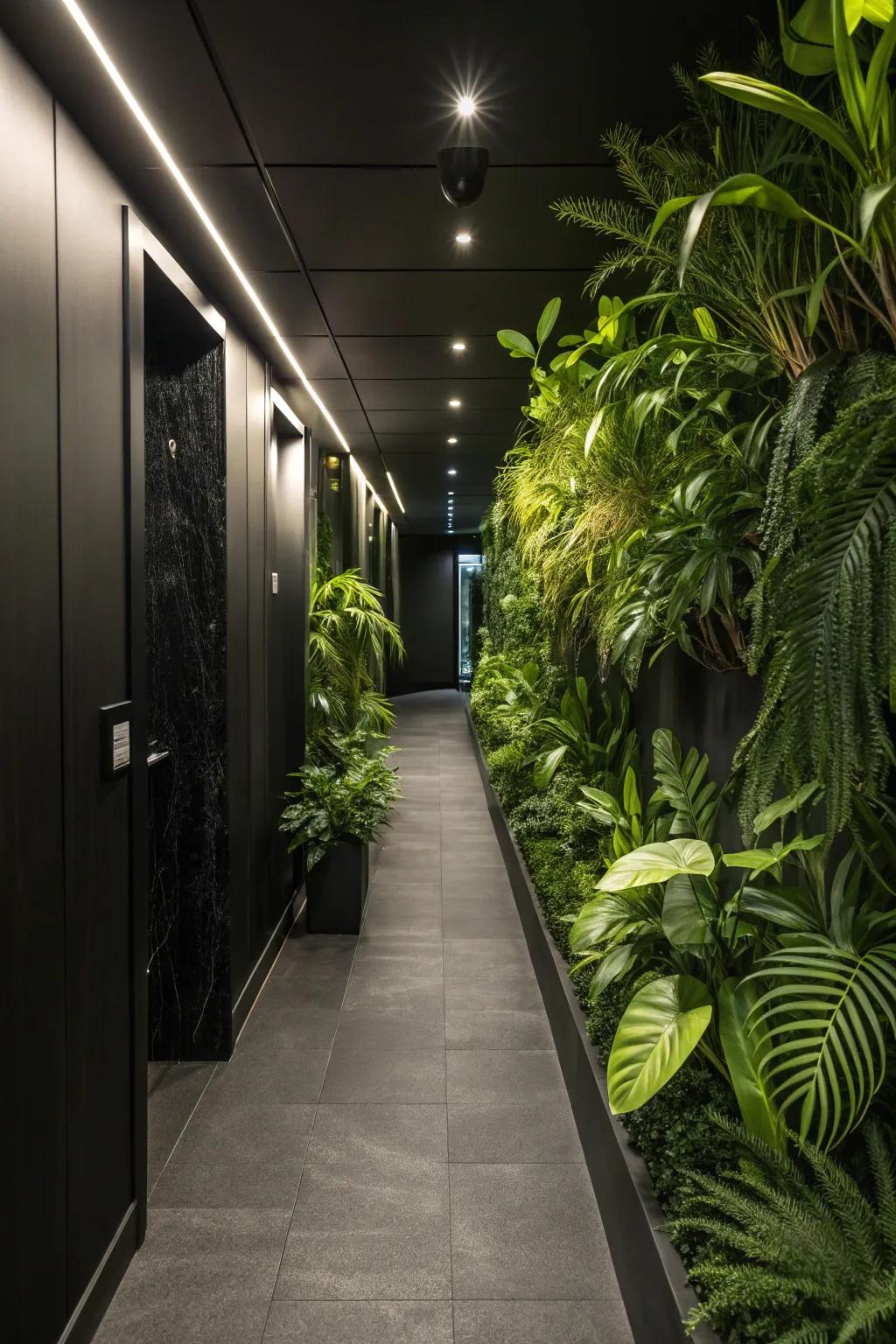 Green plants add a refreshing contrast to a black hallway.