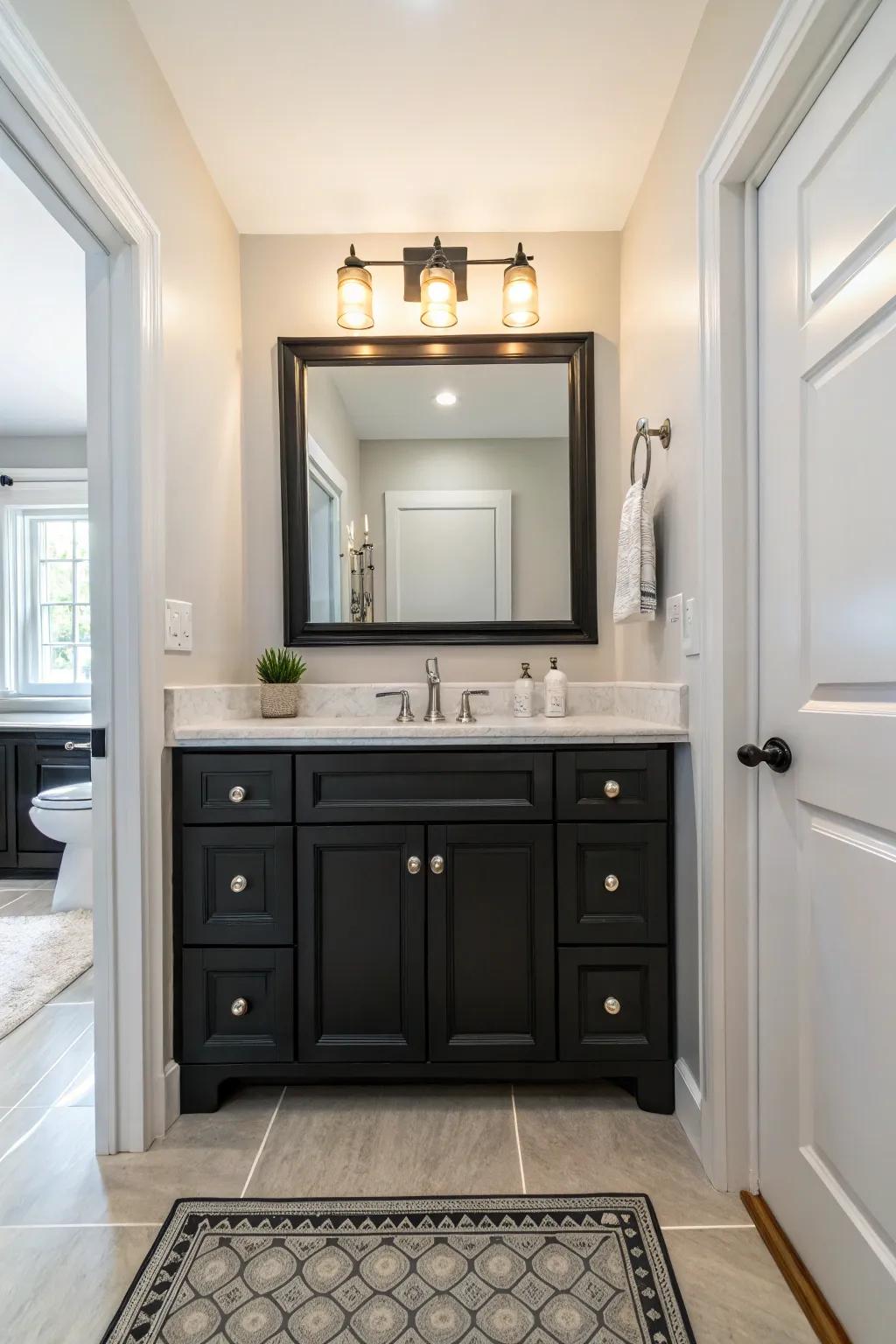 Light floors provide a perfect counterbalance to the boldness of a black vanity.