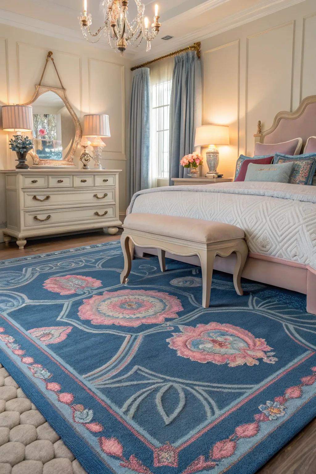 A patterned rug ties the room together with color and texture.