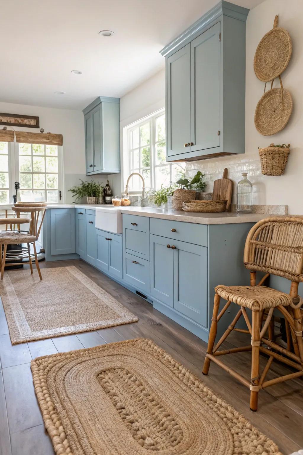 Coastal blue cabinets evoke a light and breezy seaside vibe in your kitchen.