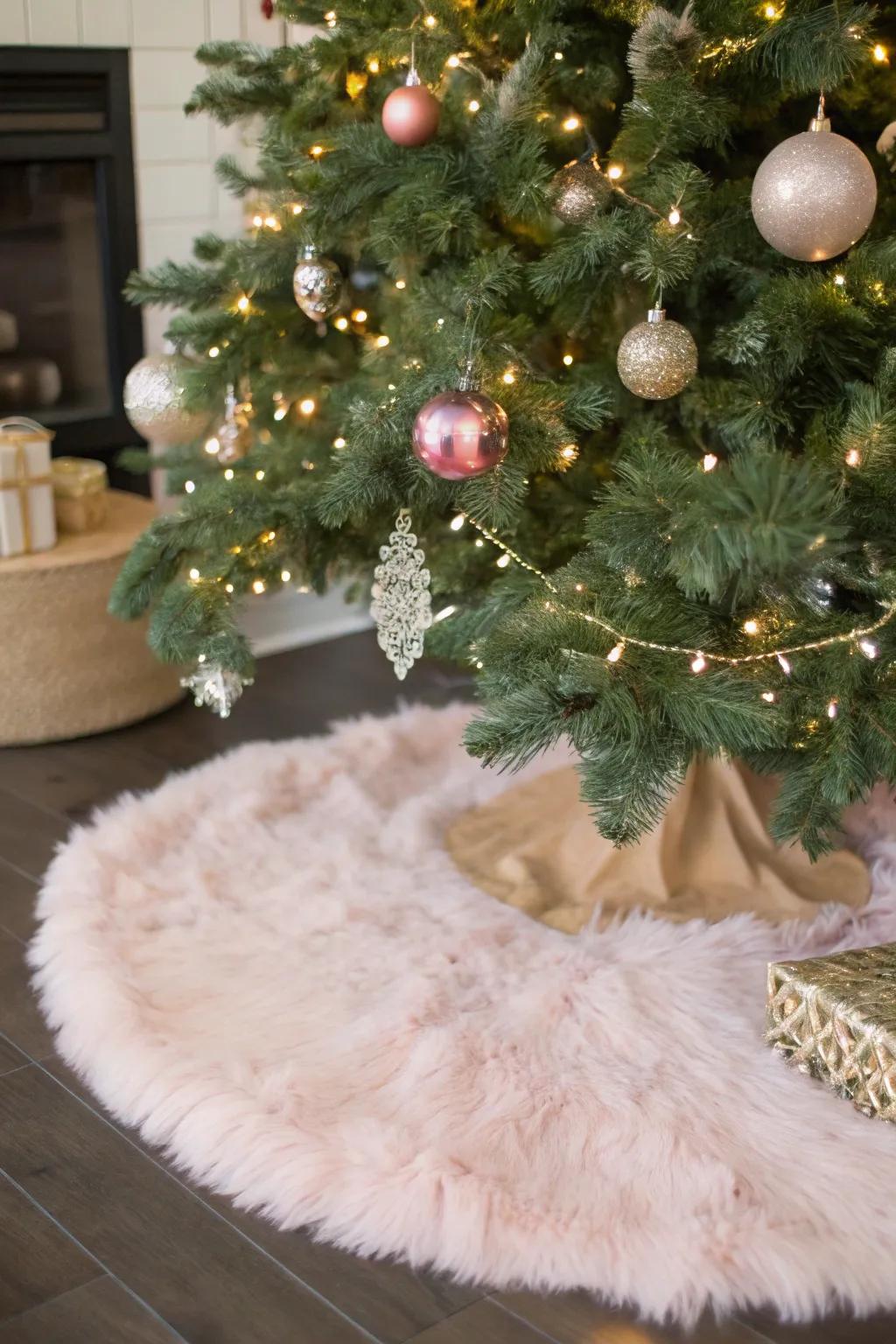 A blush pink tree skirt adds texture and warmth.