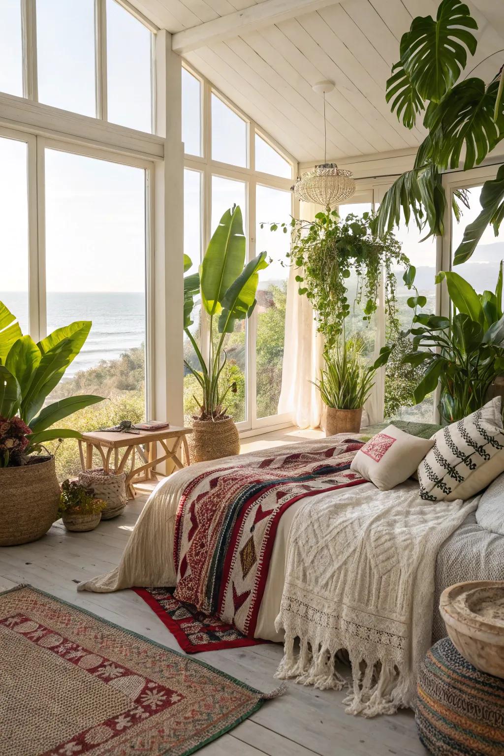 Indoor plants enhance the natural, beachy vibe.