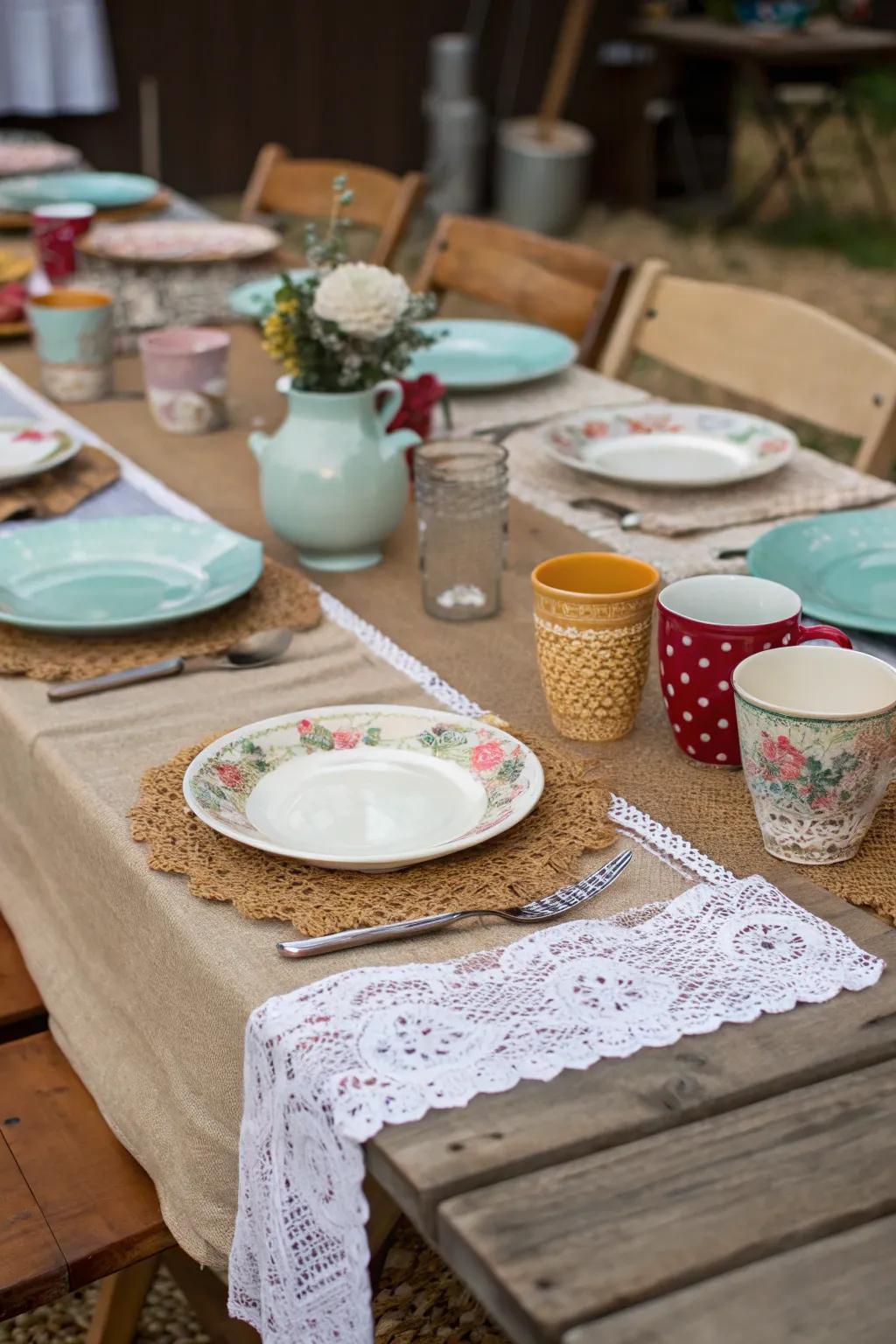 Eclectic table settings create a charming boho vibe.