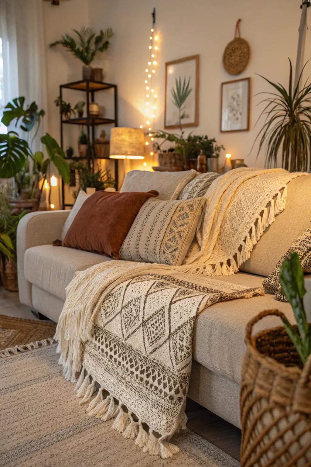 A cozy bohemian setup with rich layered textiles.