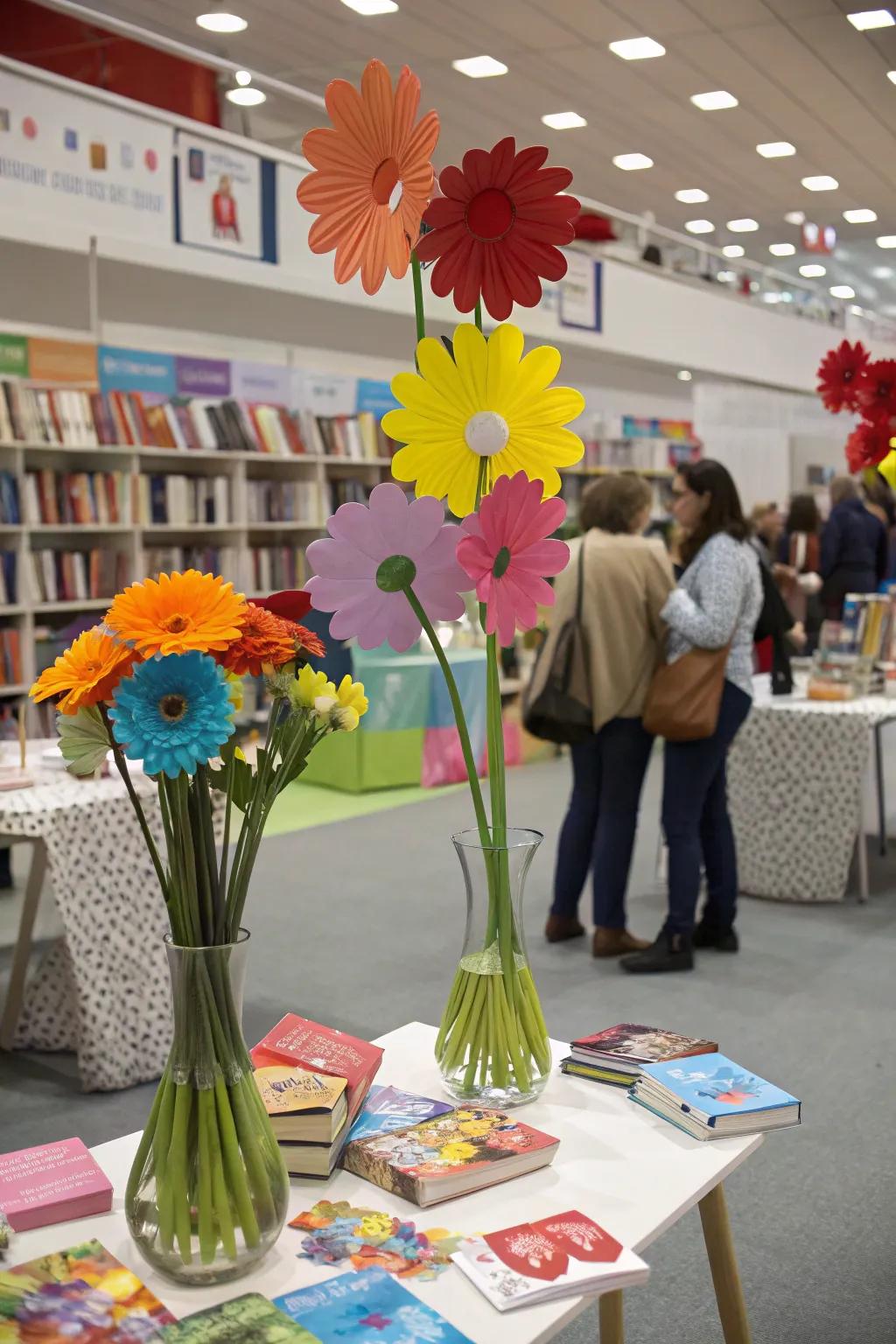 DIY paper flowers add a personal touch to the book fair decorations.