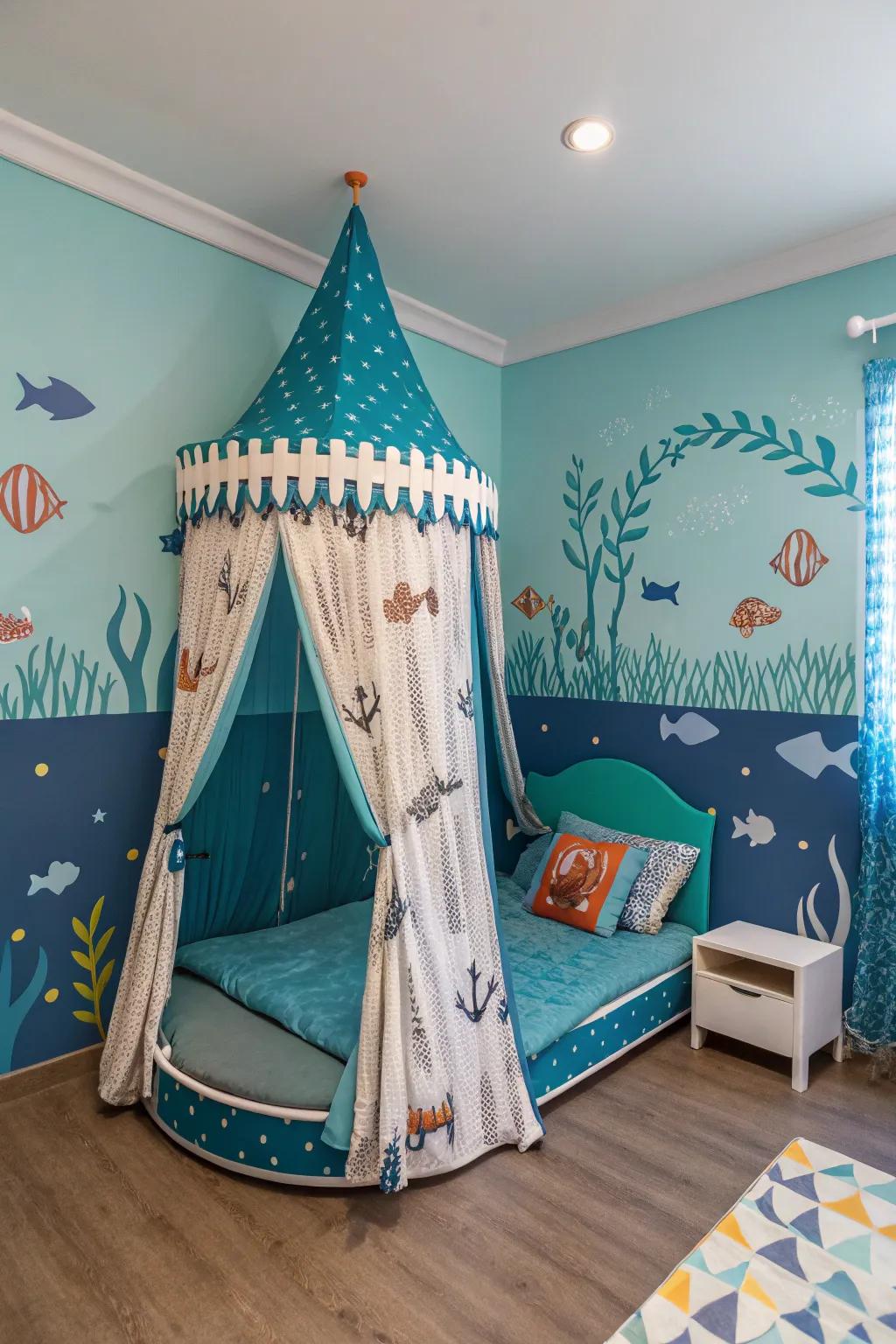 Swim into dreams with an underwater-themed canopy bed.