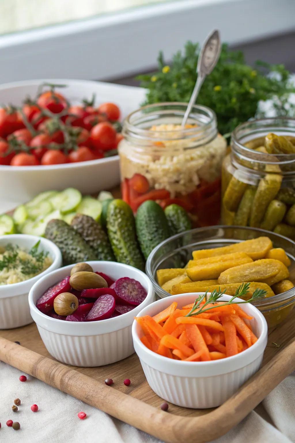 A colorful array of pickles and pickled vegetables for added zest.