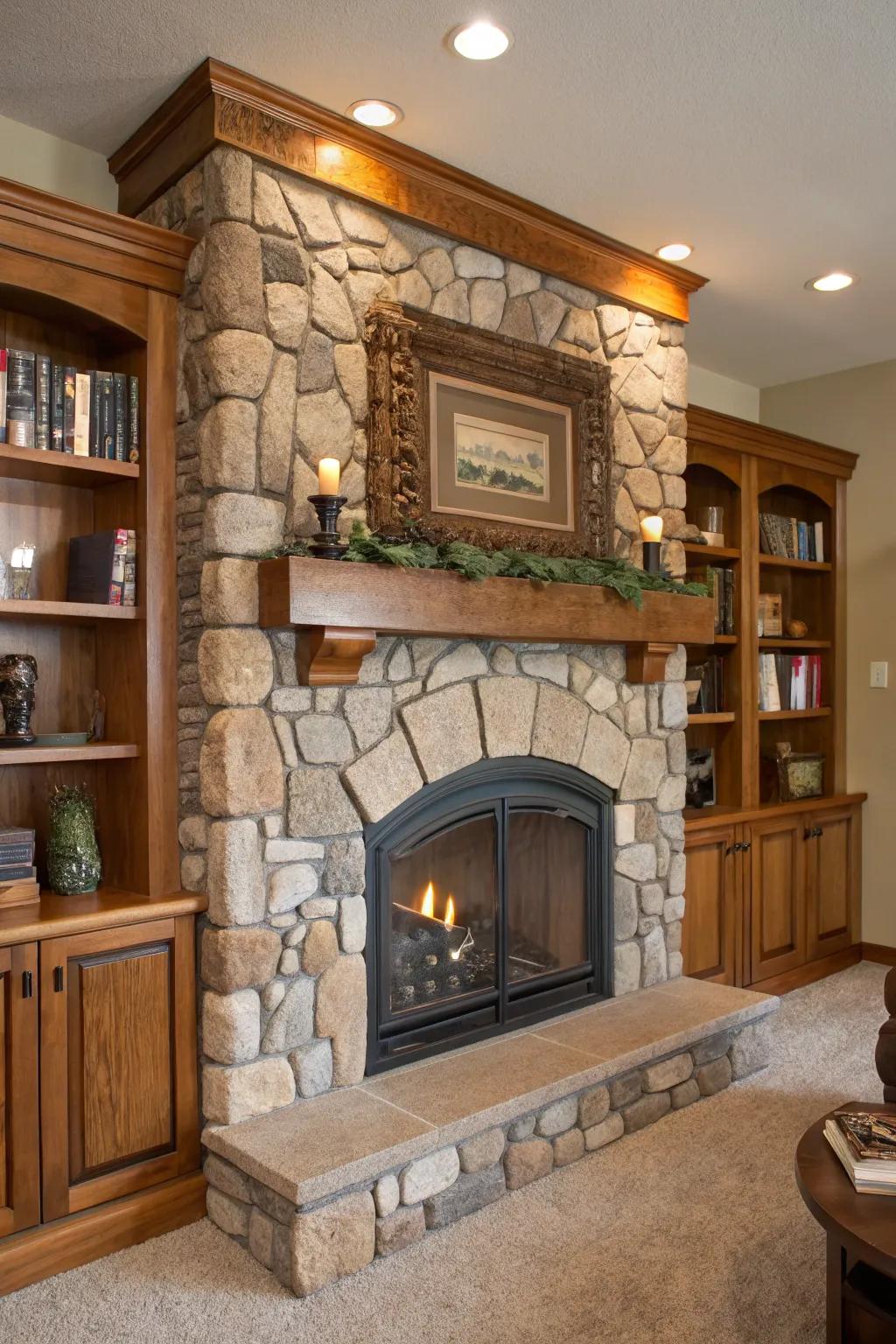 Stone accents add rustic charm to fireplace built-ins.