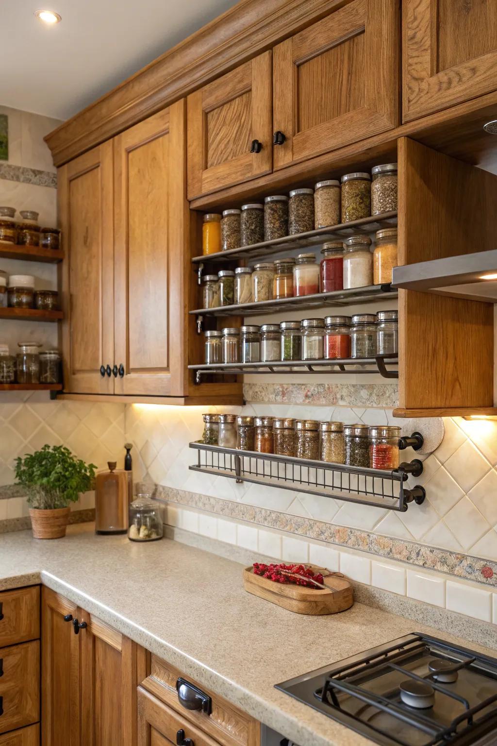 Wall-mounted racks keep essentials handy and organized.