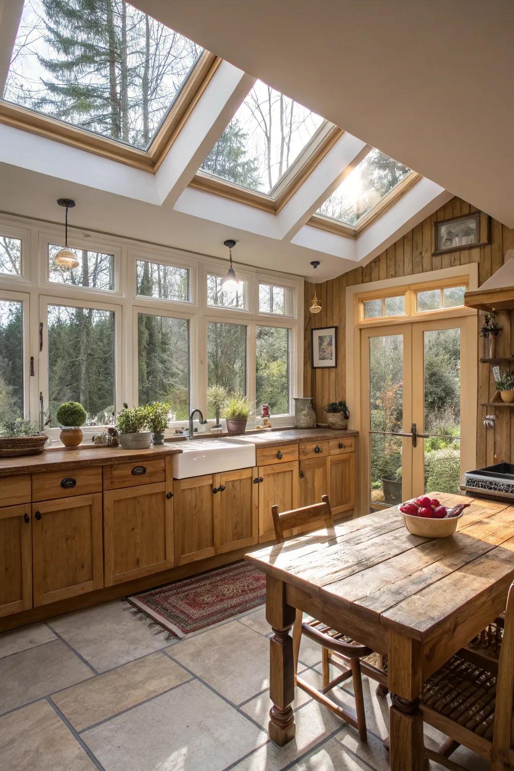 Skylights and large windows flooding a bungalow kitchen with natural light.