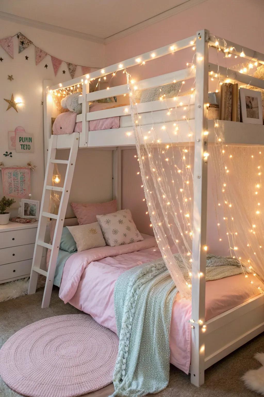 Fairy lights add a touch of magic to this cozy girl's room.