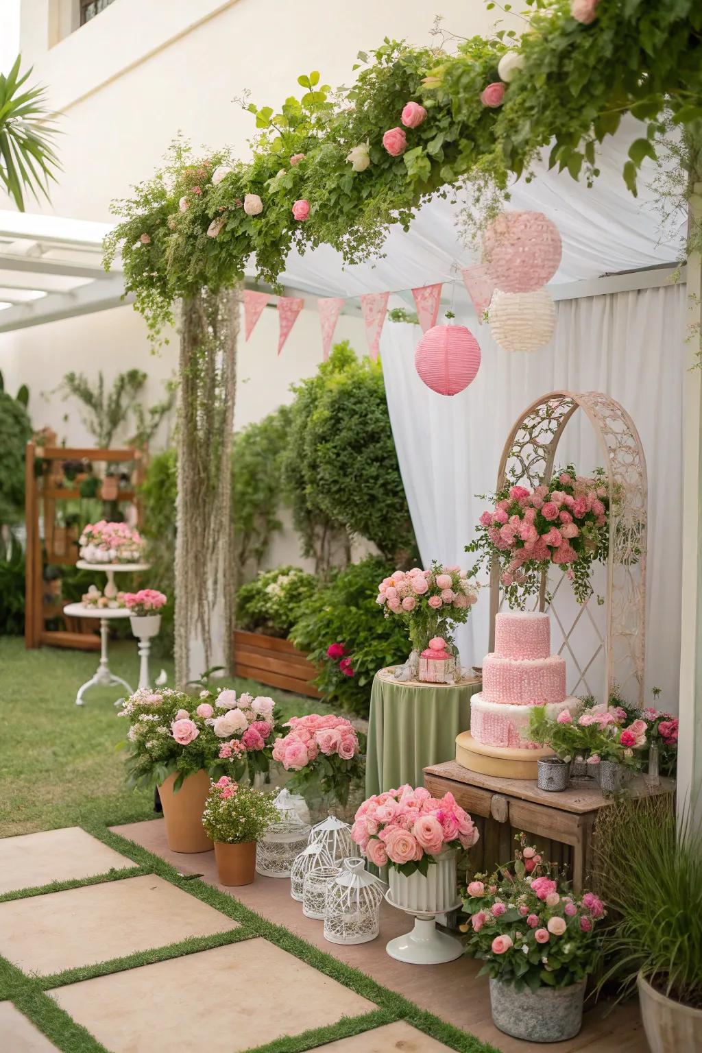 A lush garden-like atmosphere for the bunny baby shower.