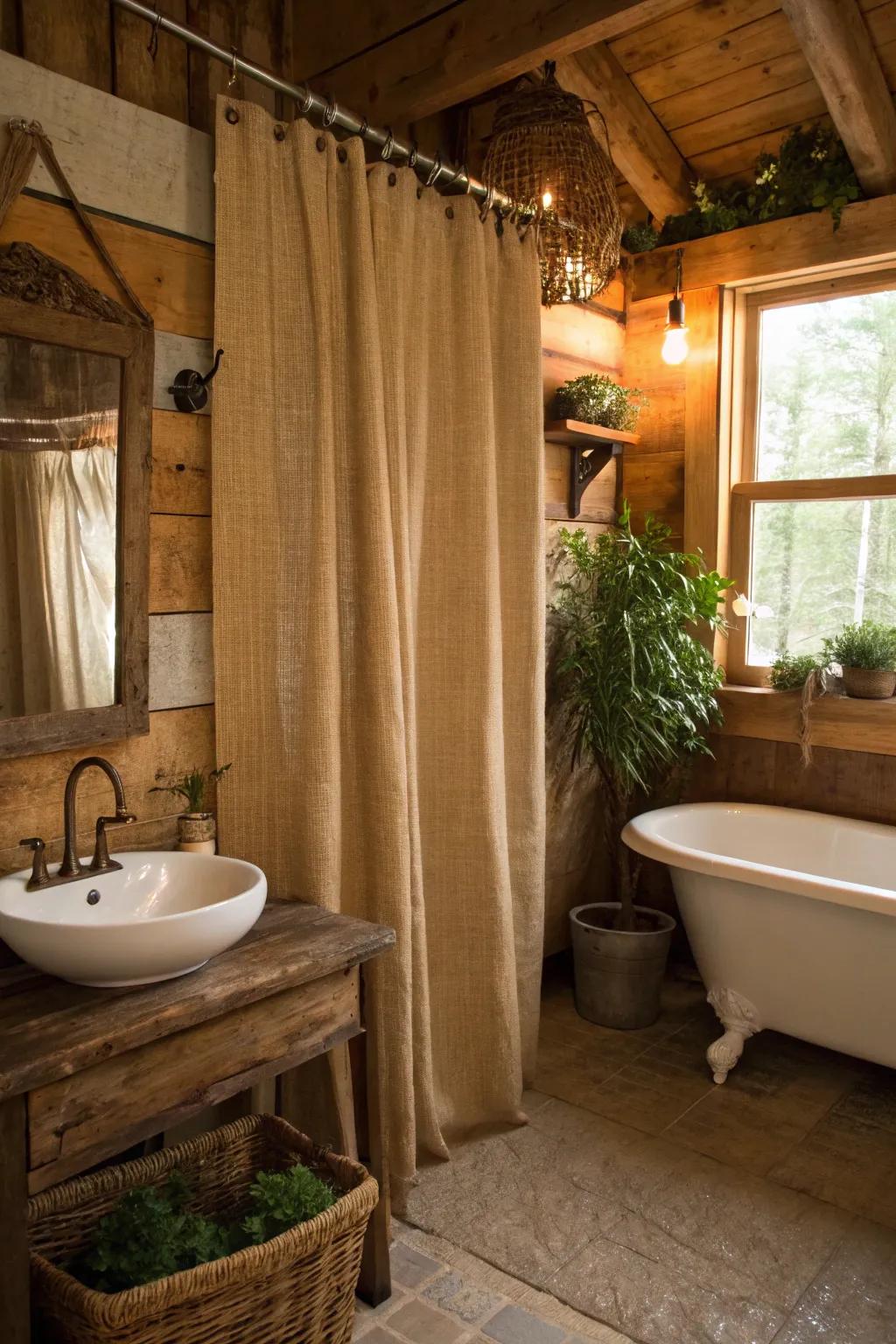 Rustic retreat with burlap shower curtains.