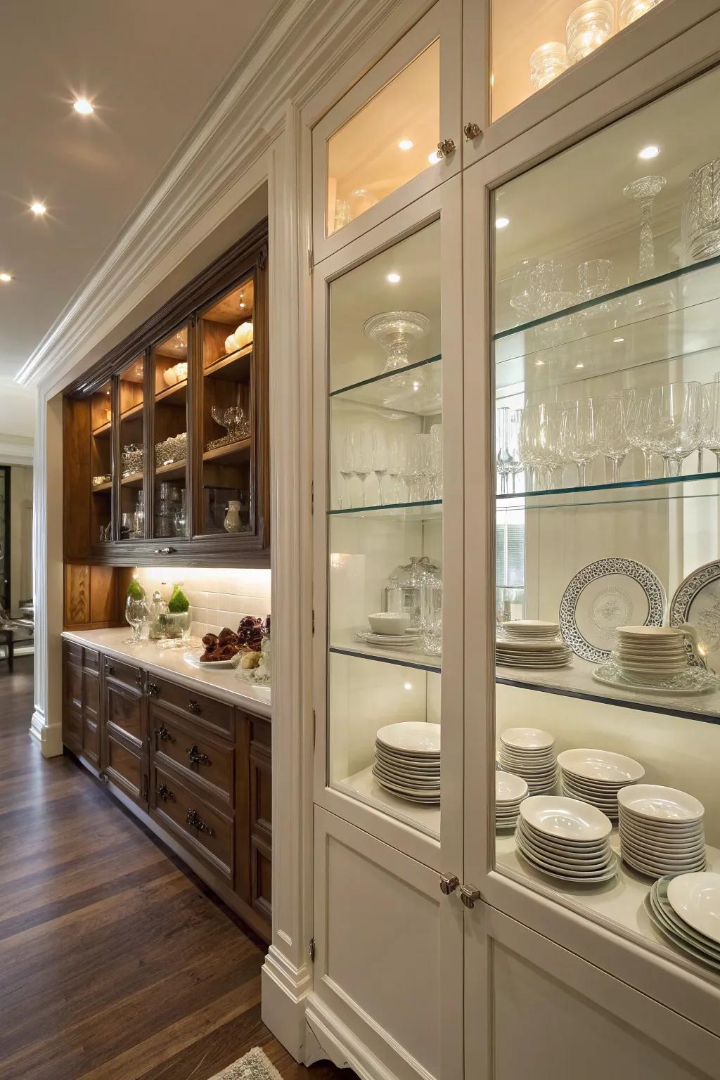 An elegant butler's pantry featuring glass cabinet doors for a sophisticated touch.