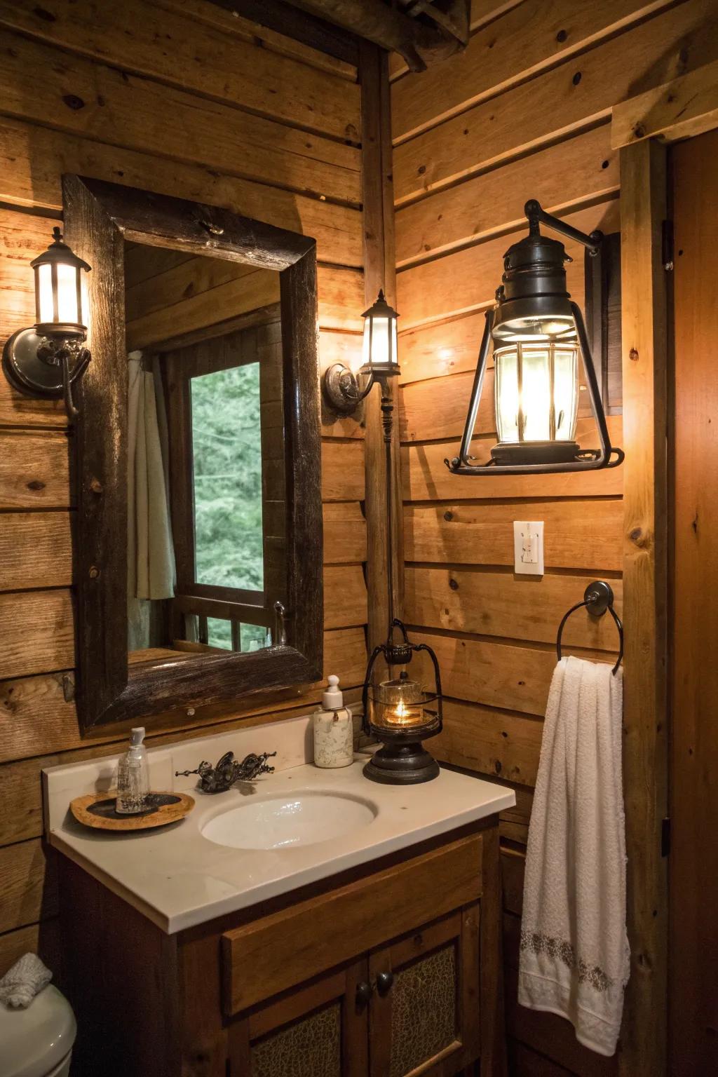 A cabin bathroom featuring a vintage mirror and lantern-style lighting.