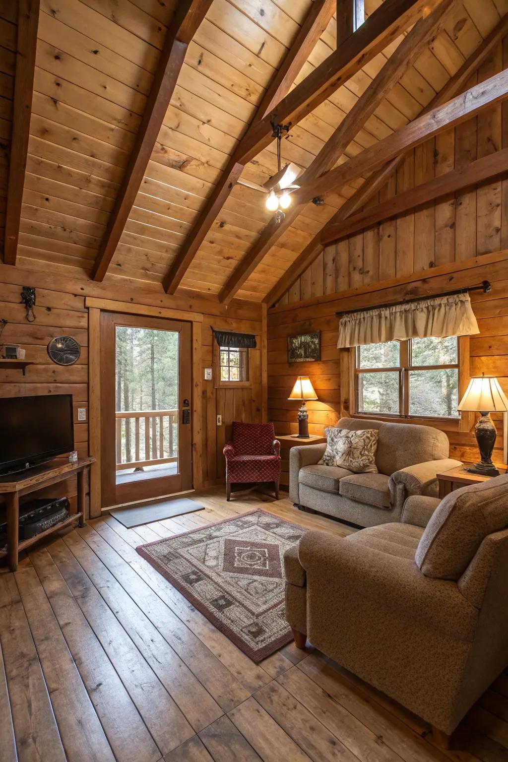 Exposed beams bring architectural interest and rustic charm to this cabin.