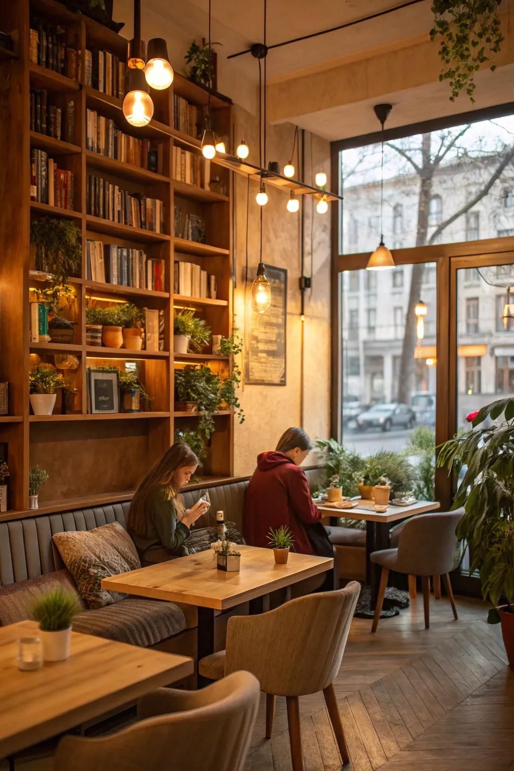 A cafe interior glowing with the inviting warmth of warm tone lighting.