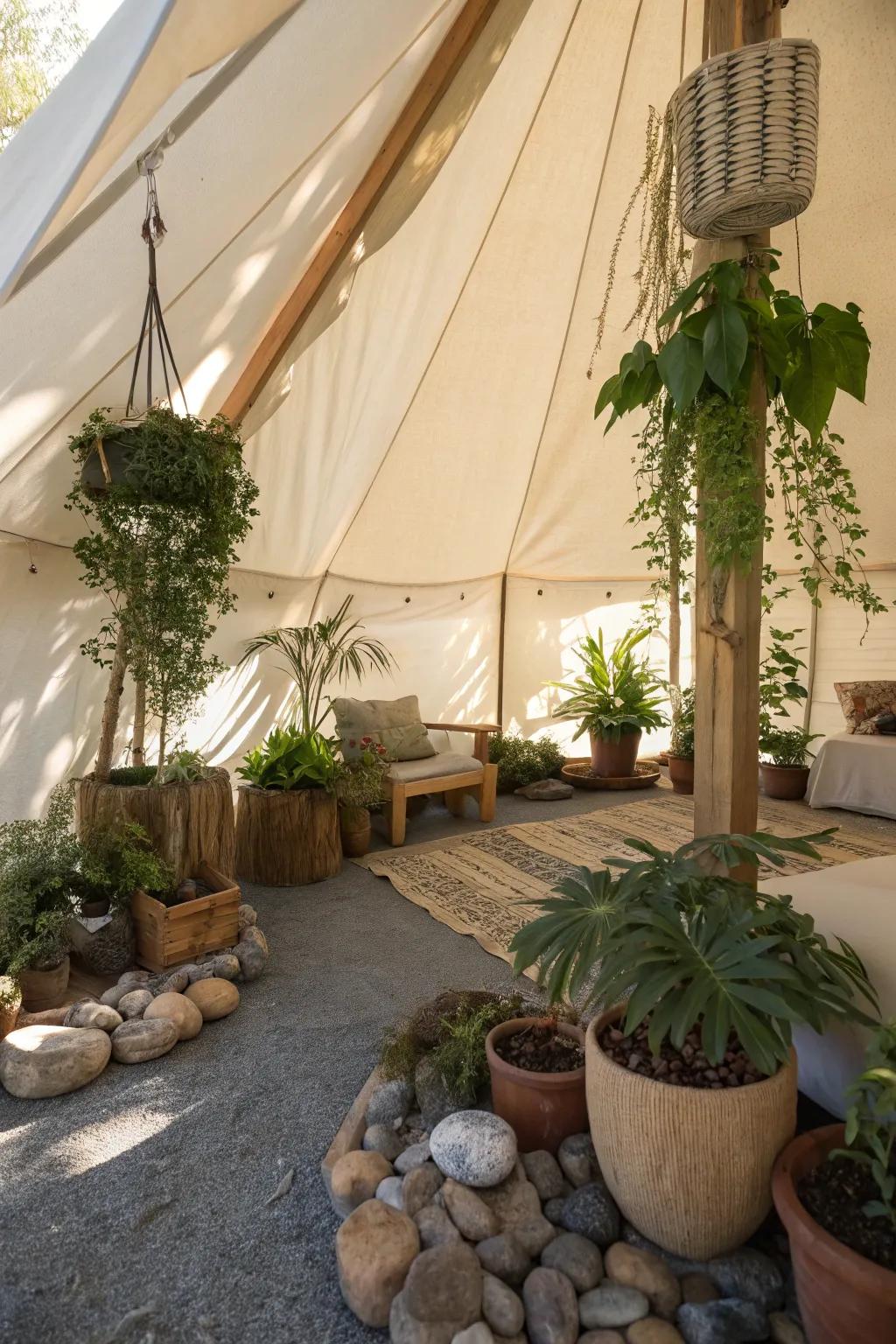 Infuse your tent with natural elements to maintain a connection with nature.