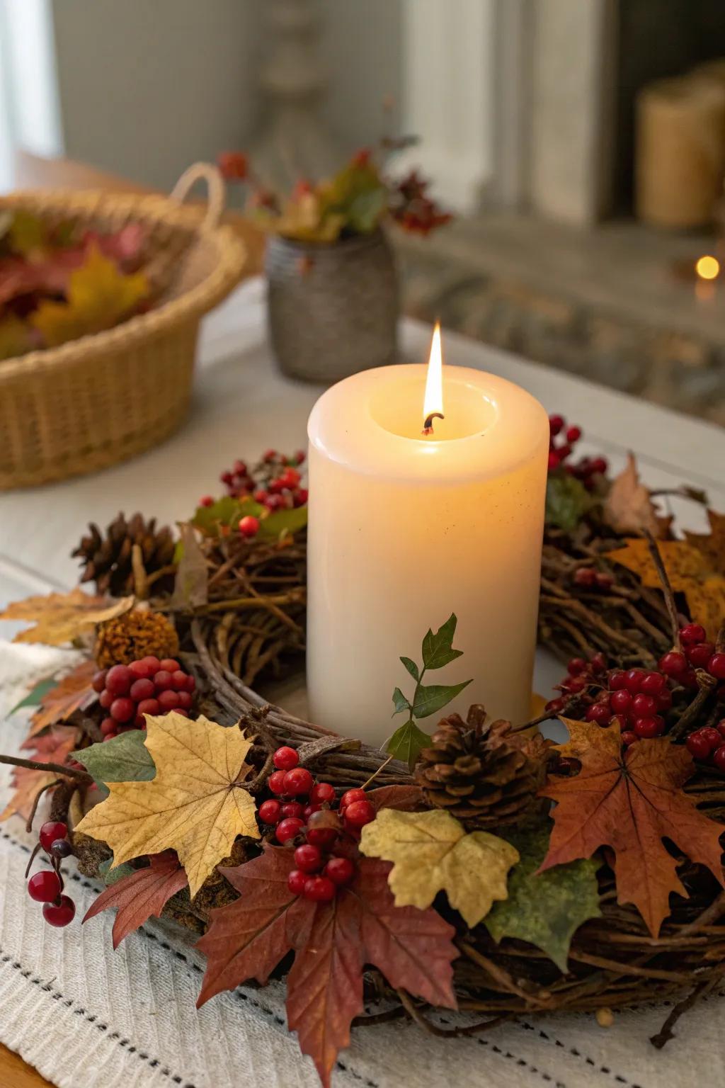 A wreath with a central pillar candle as a charming centerpiece.