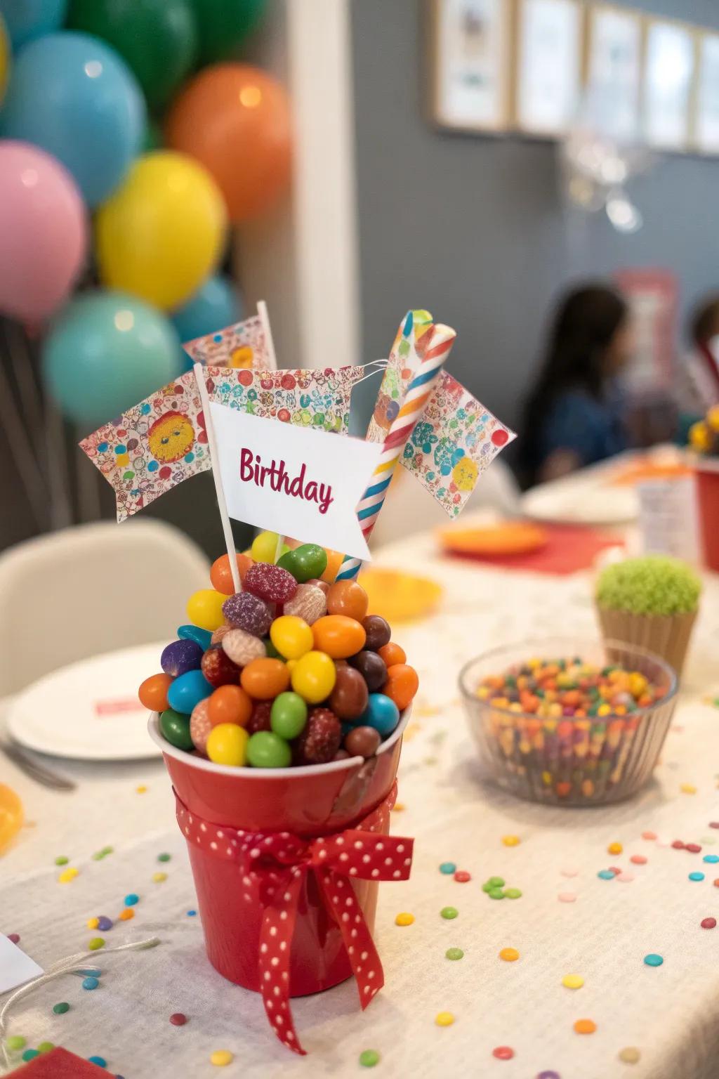 A personalized candy bouquet for a birthday celebration.