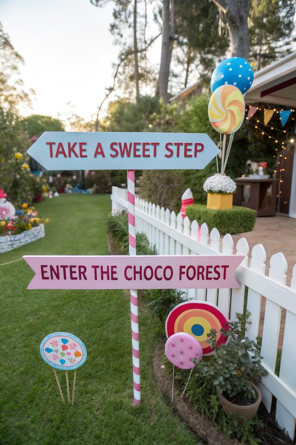 Playful candy-themed signs guide guests through the sweet setting.