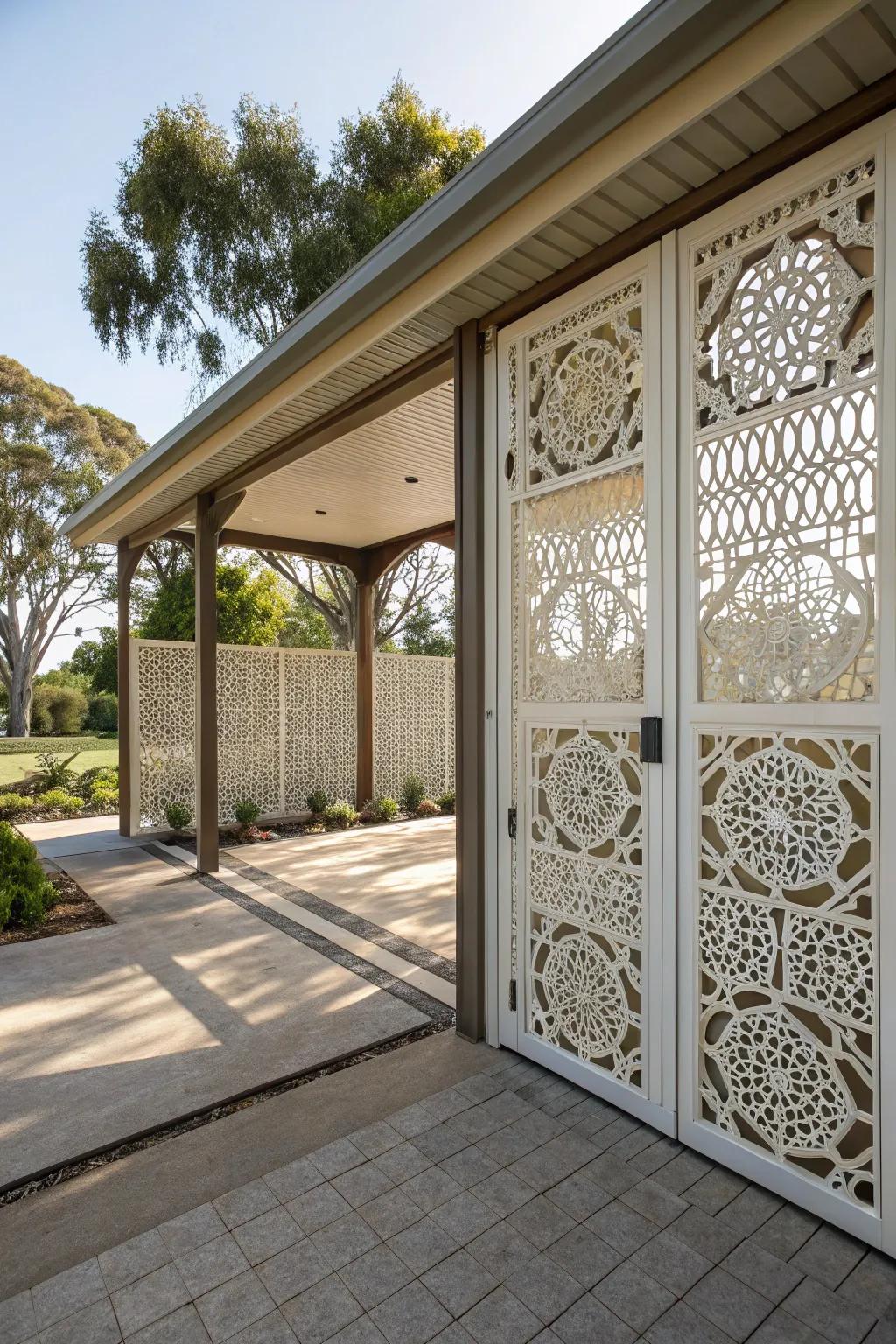 Carport featuring decorative lattice panel doors, adding an artistic touch to the design.