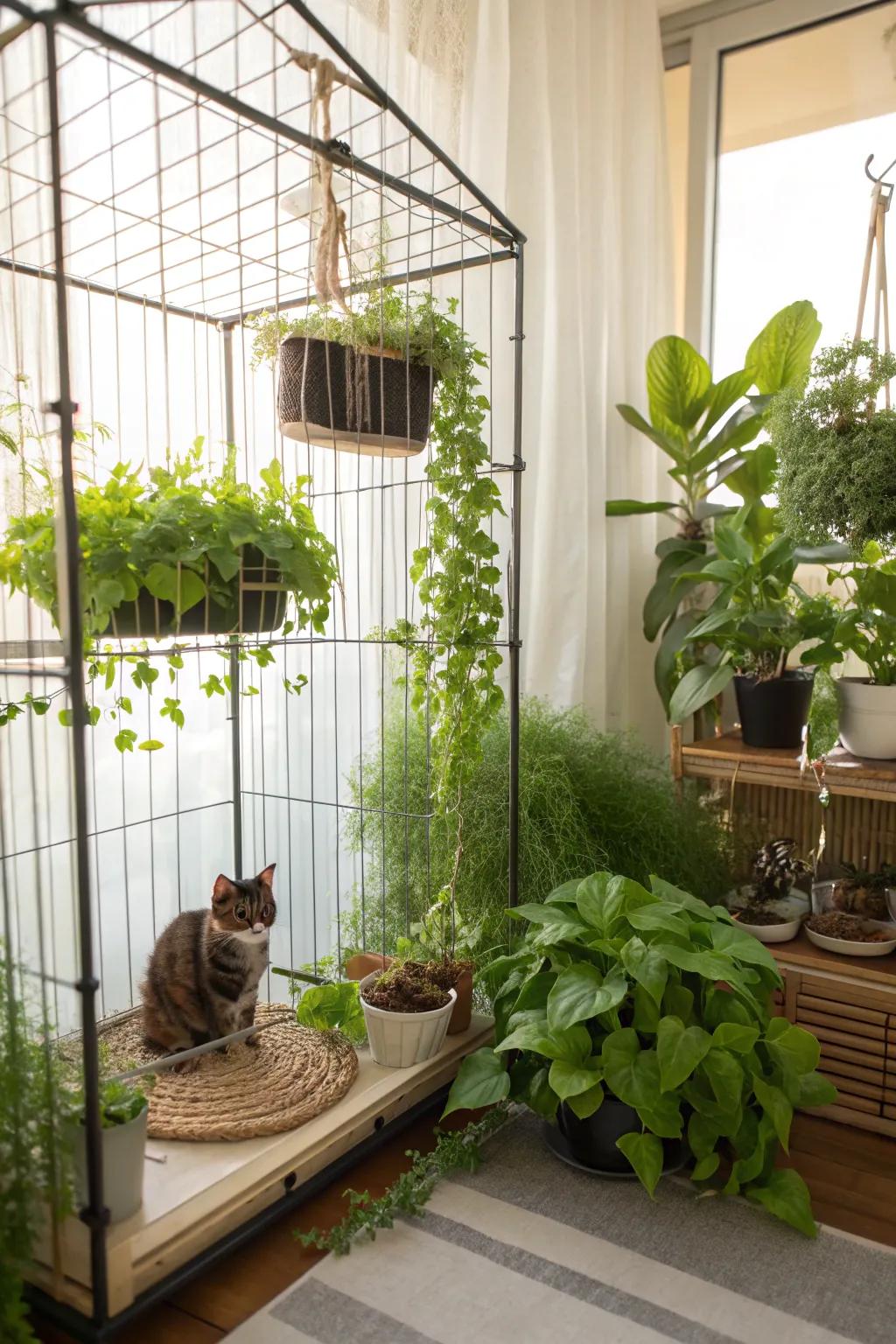 Natural elements bring life and freshness to a cat cage.