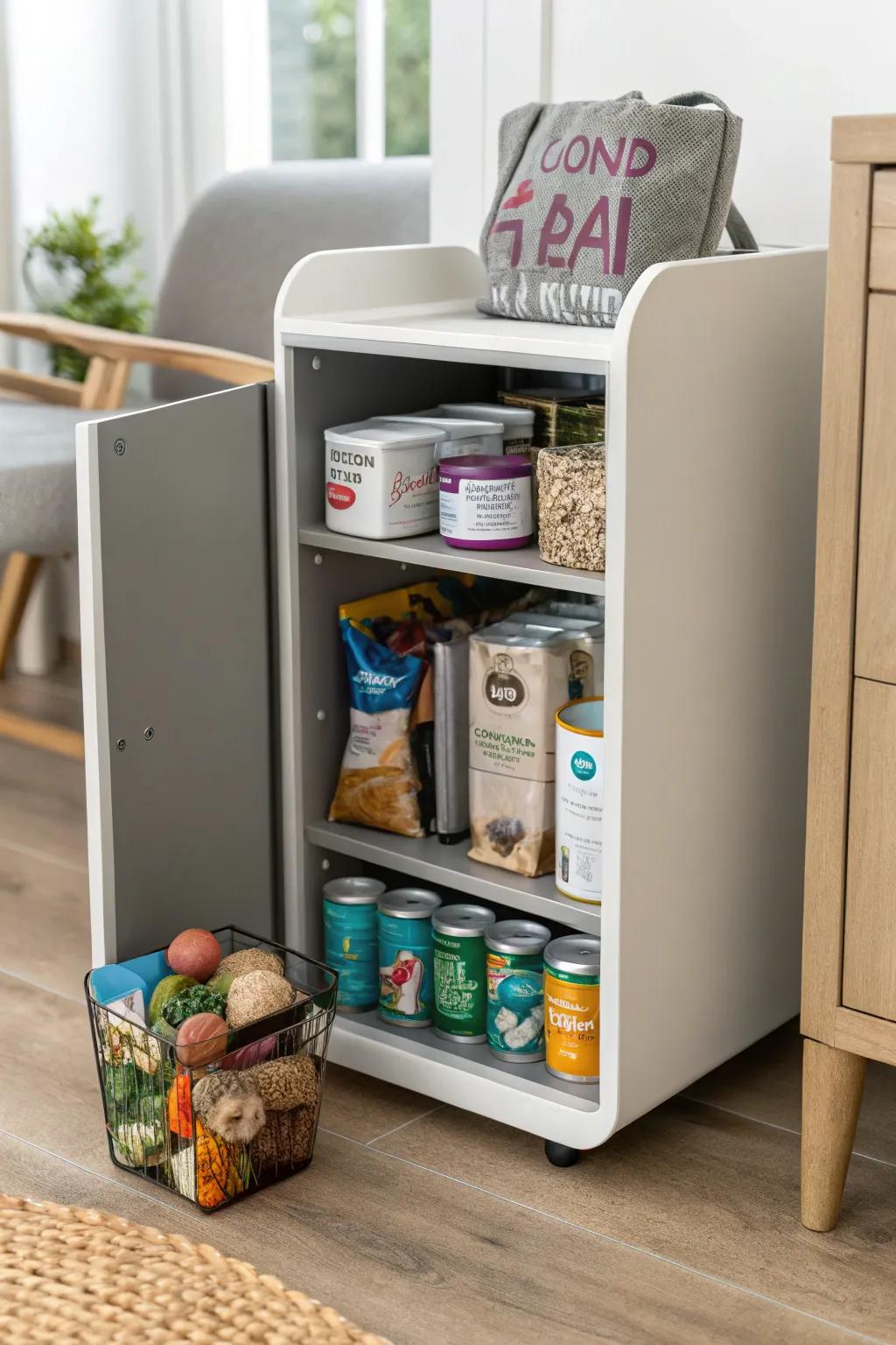 A chic storage unit dedicated to cat food and supplies.