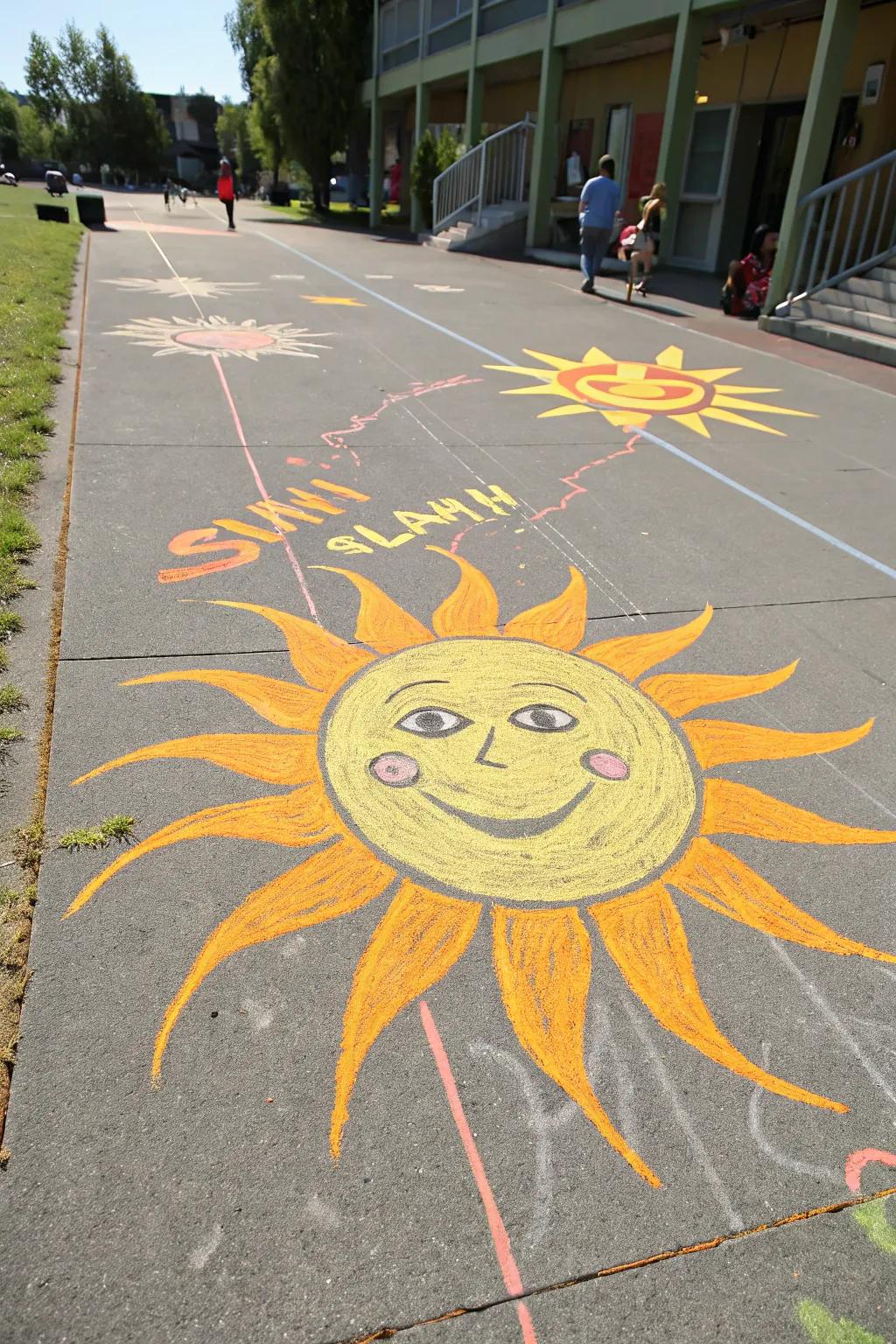 A cheerful sun chalk drawing radiating warmth and positivity.