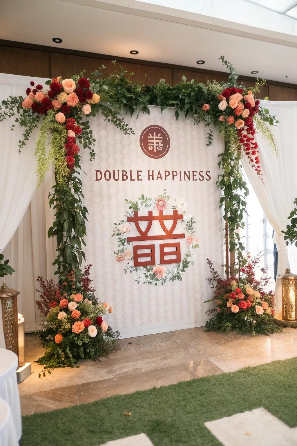 A beautiful wedding backdrop adorned with traditional symbols.