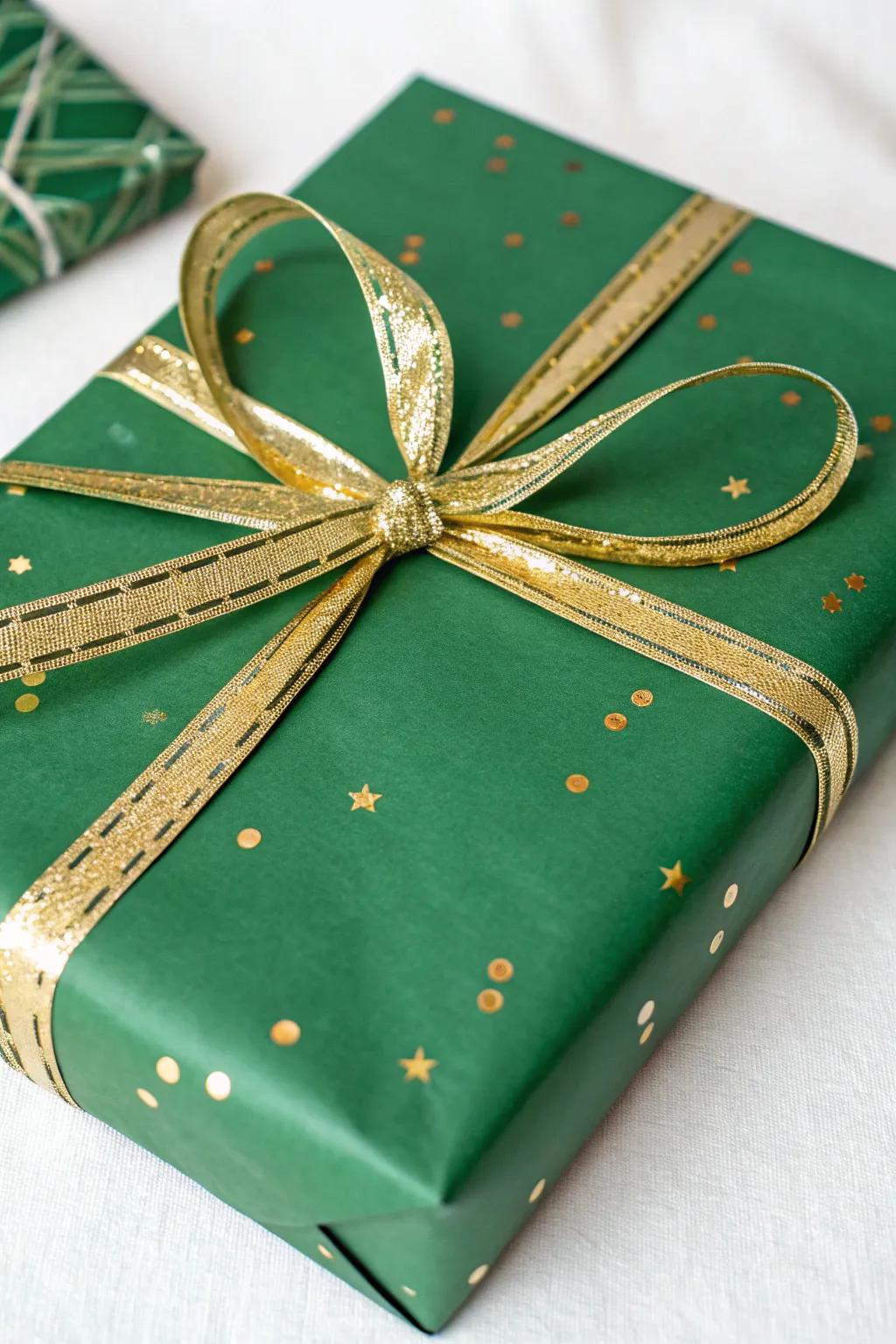 Regal green and gold gift wrapping for a festive touch.