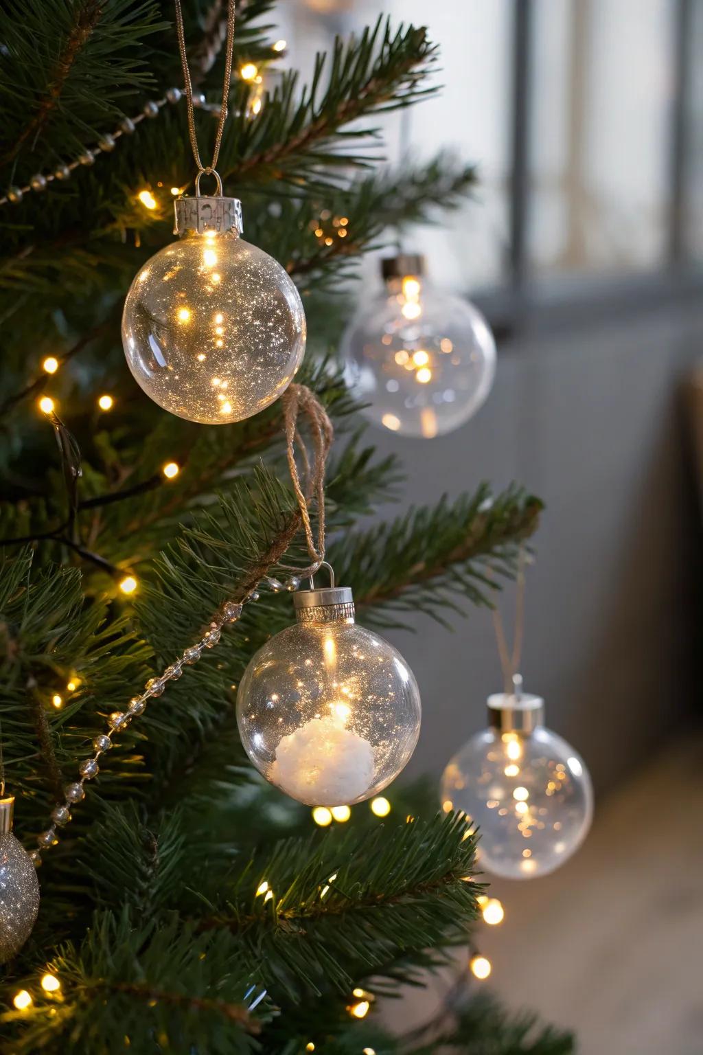 Glowing light-up ornaments on a Christmas tree.