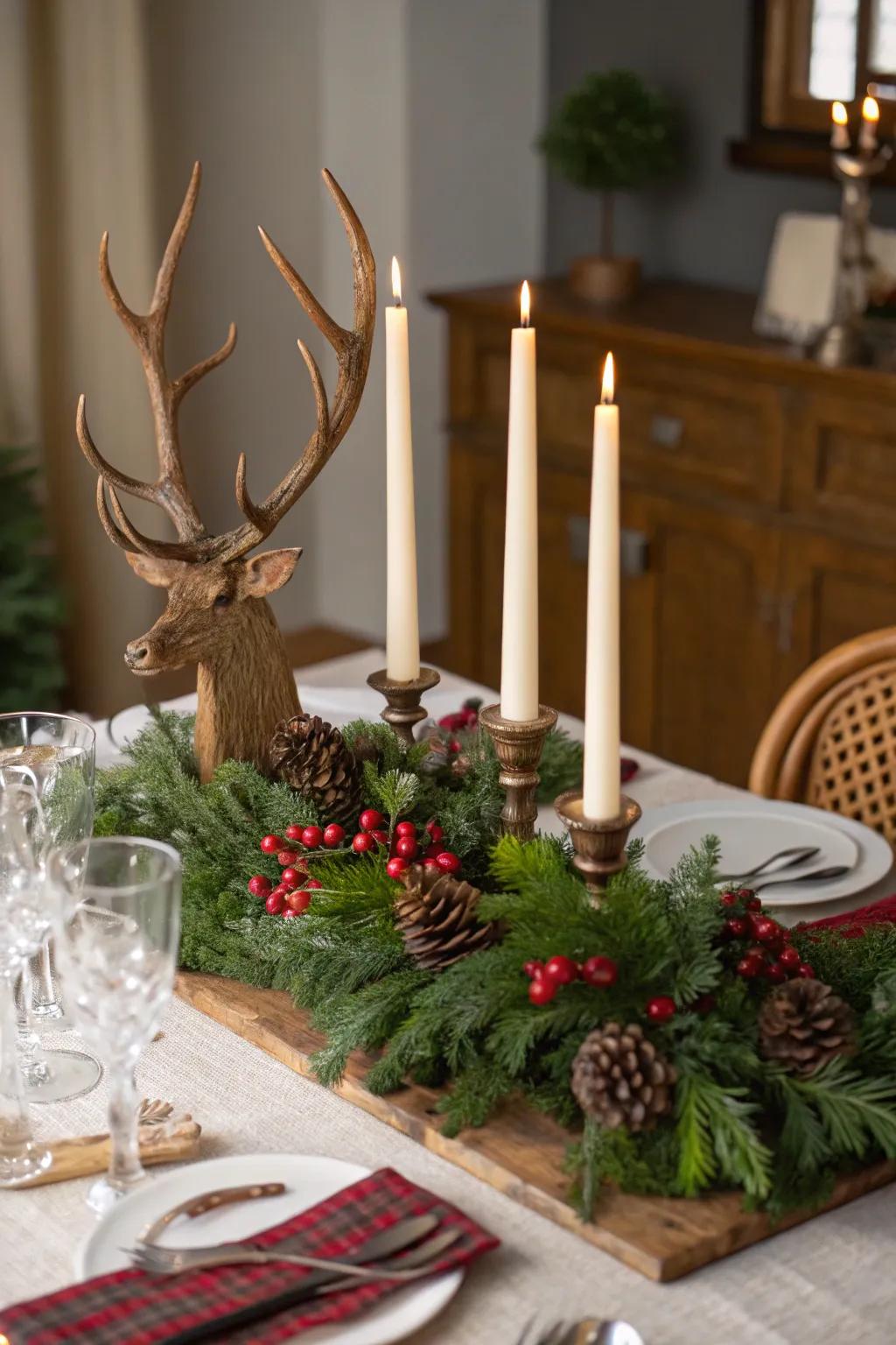 Antlers provide a bold focal point in rustic holiday decor.