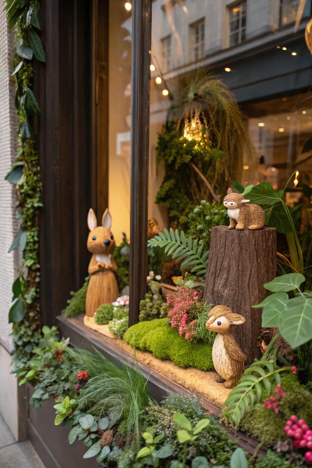 Woodland creatures bring a playful charm to the window display.