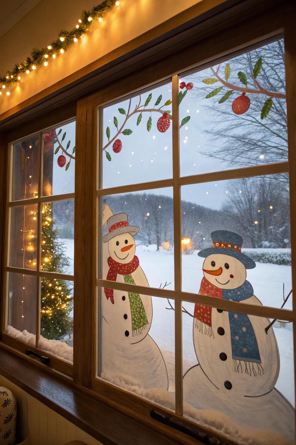 Cheerful snowmen bring joy to your holiday windows.