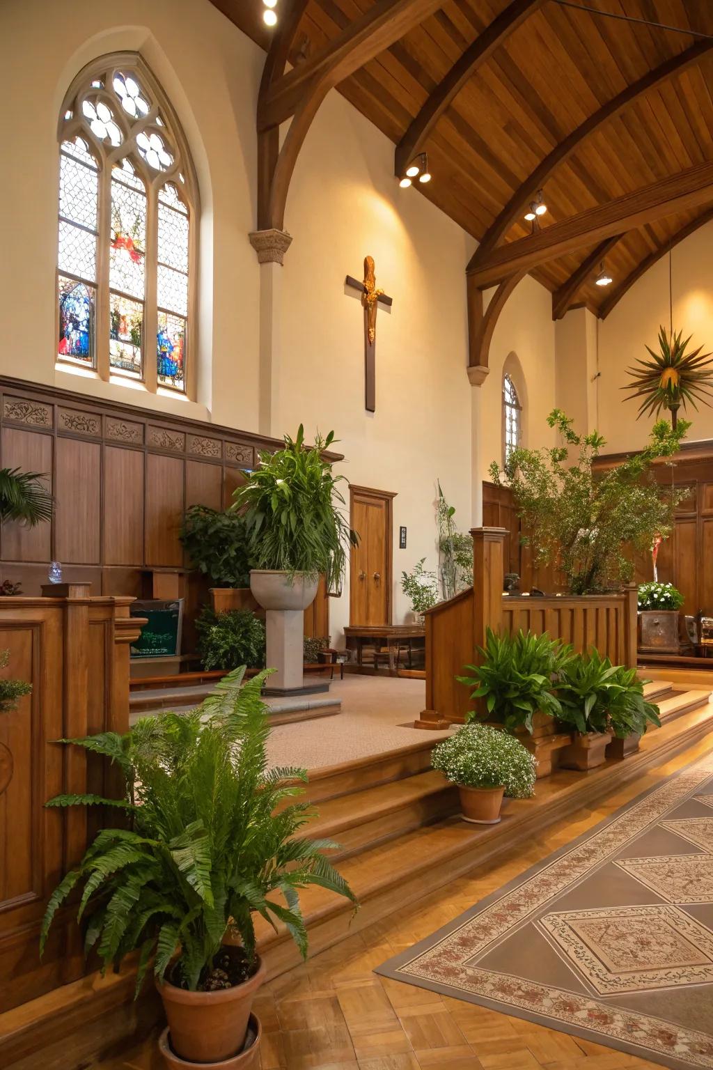Church interior featuring natural wooden accents and potted plants.