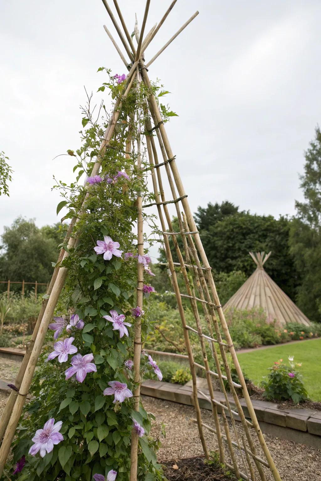 A bamboo teepee trellis provides a minimalist support for clematis.