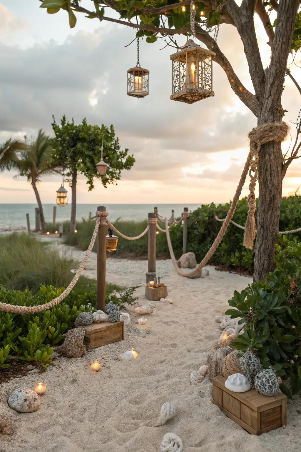 Beach elements like ropes and lanterns evoke a seaside escape.