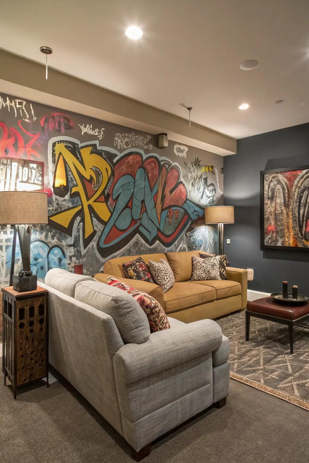 A living room featuring a vibrant graffiti accent wall as a focal point.