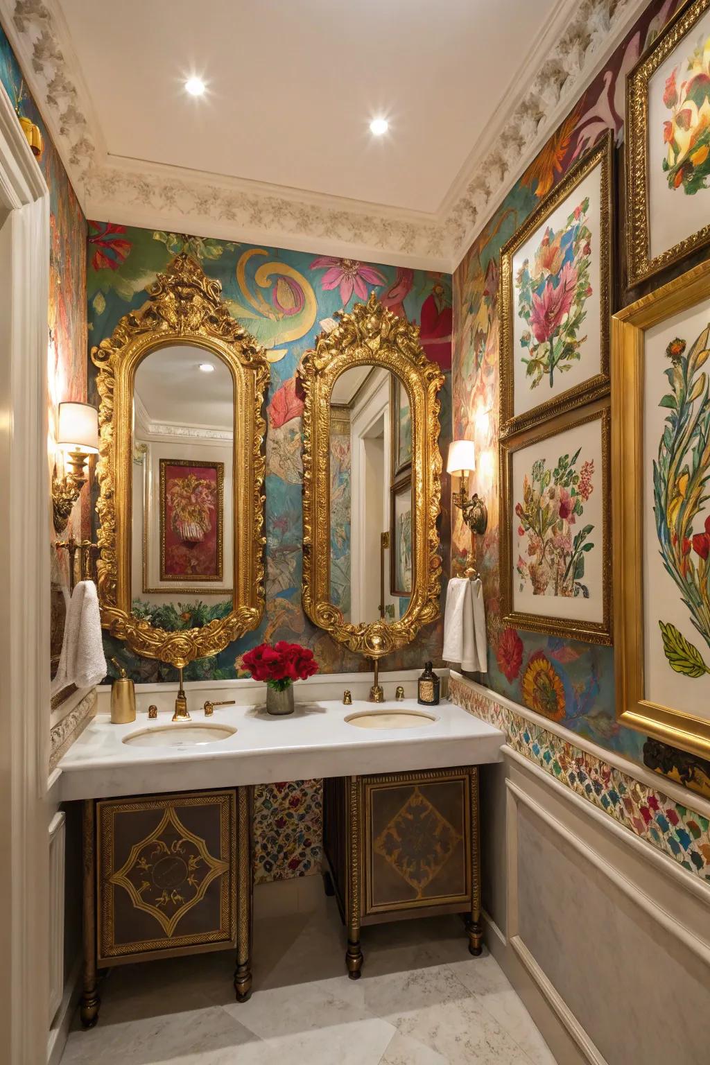 Ornate mirrors and colorful artwork add elegance to this powder room.