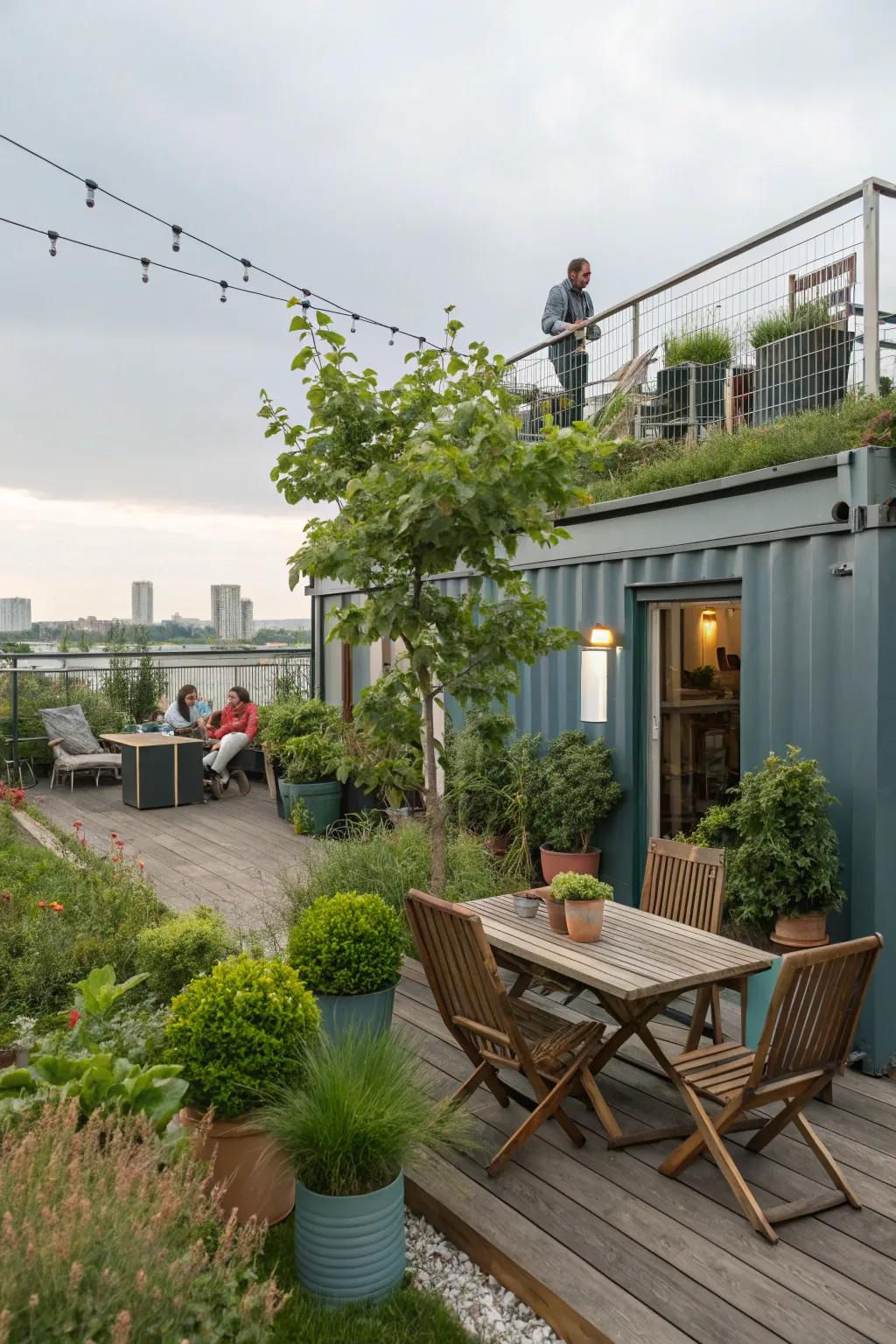 A lush rooftop garden complements this container home.