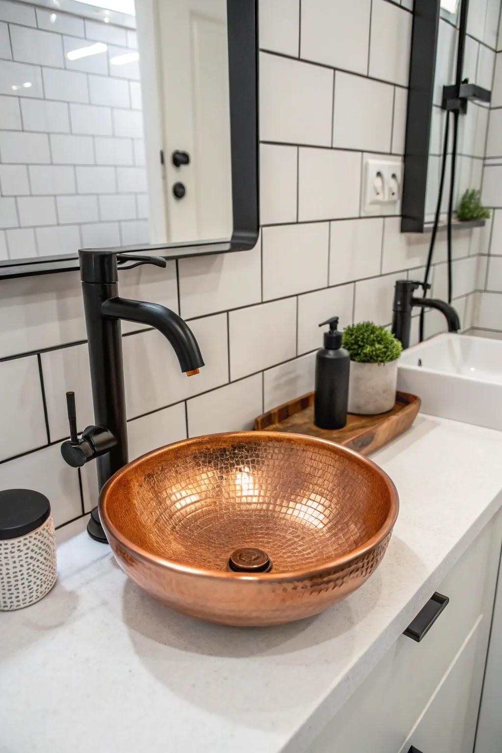 Black fixtures complement the warmth of the copper sink, creating a contemporary bathroom aesthetic.