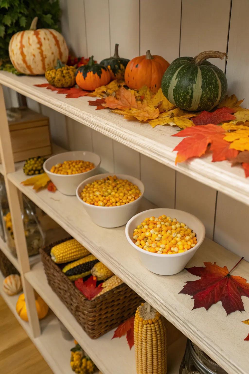 Indoor shelf decorated with corn and gourds.