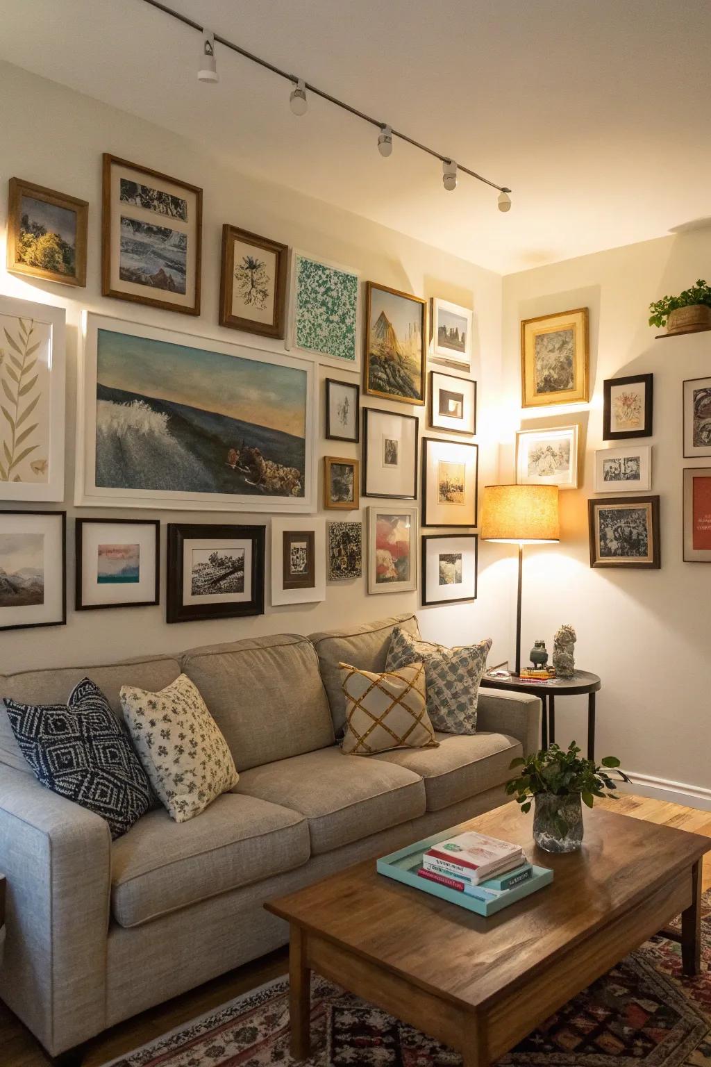 A mini gallery wall turns a plain corner into a vibrant showcase of art.