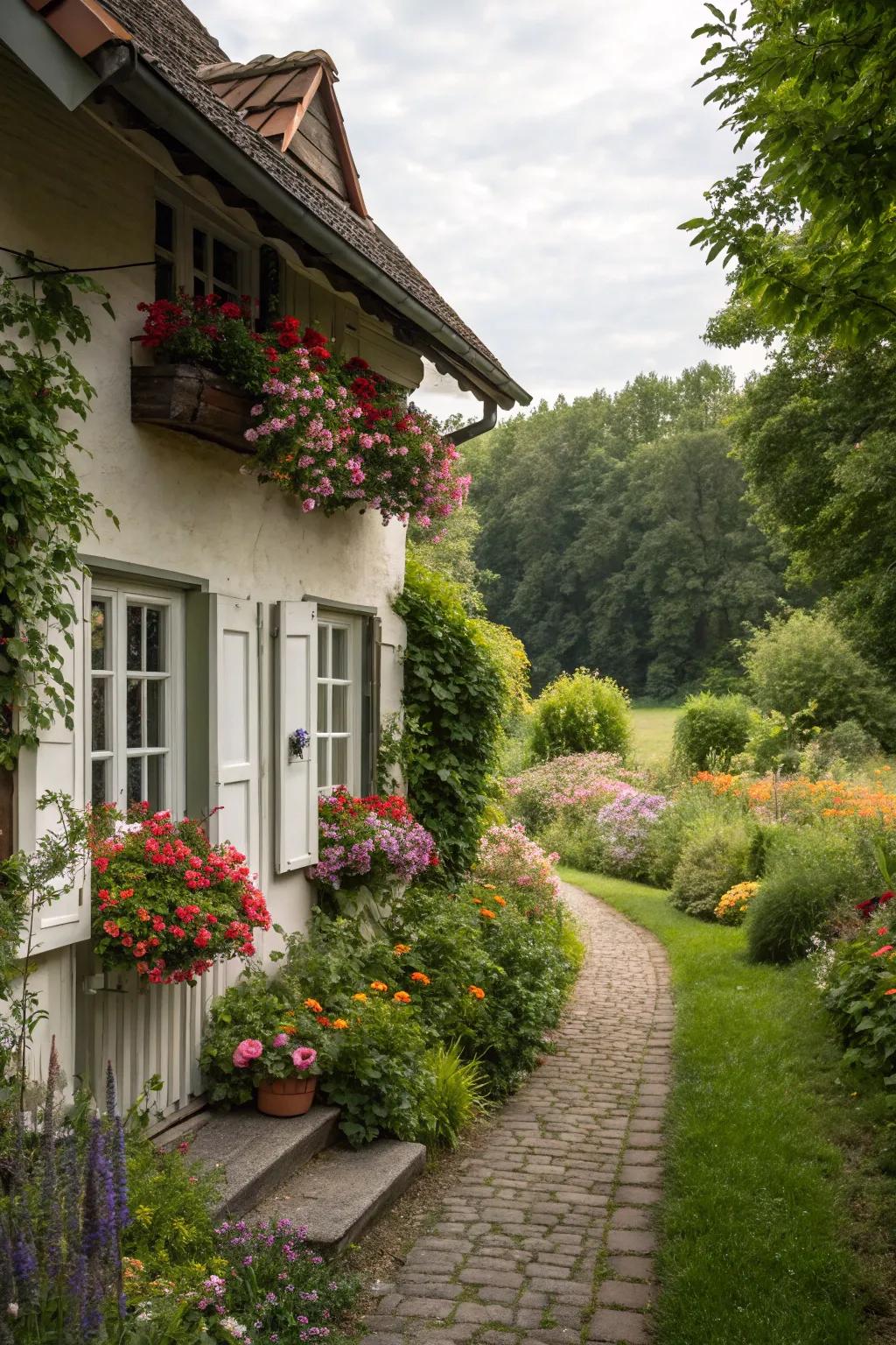 A charming cottage-style house enveloped by a vibrant garden.