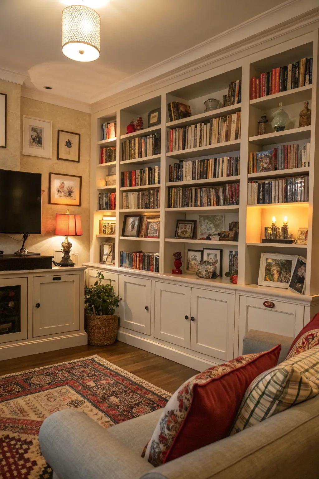 An accent wall bookshelf makes a dramatic statement.