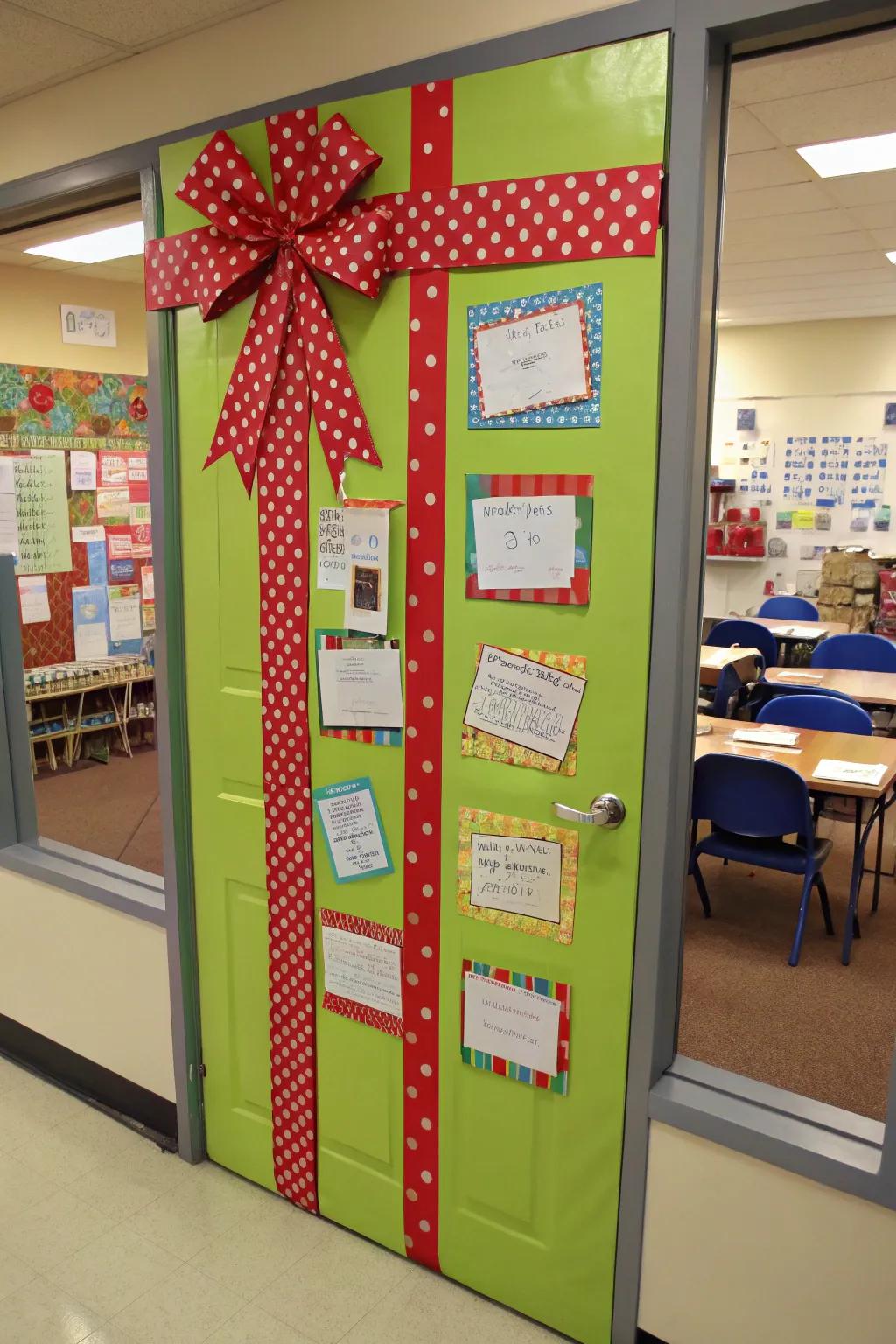 A classroom door wrapped as a festive gift box, personalized with student name tags.