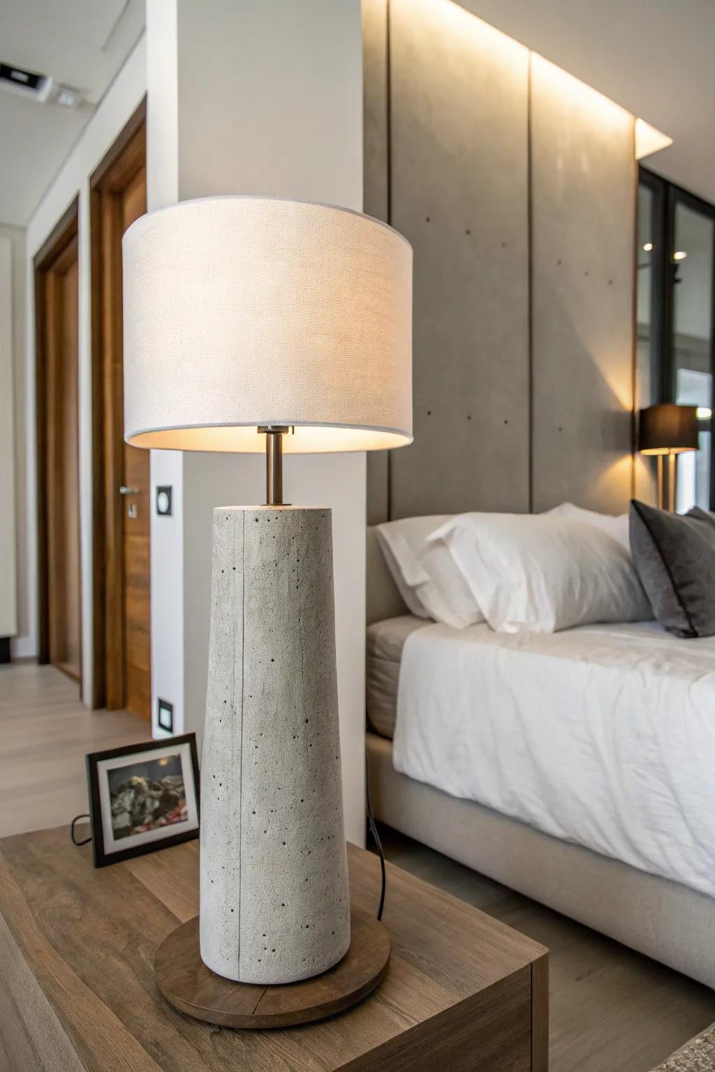 A minimalist concrete lamp enhancing the modern look of a bedroom.