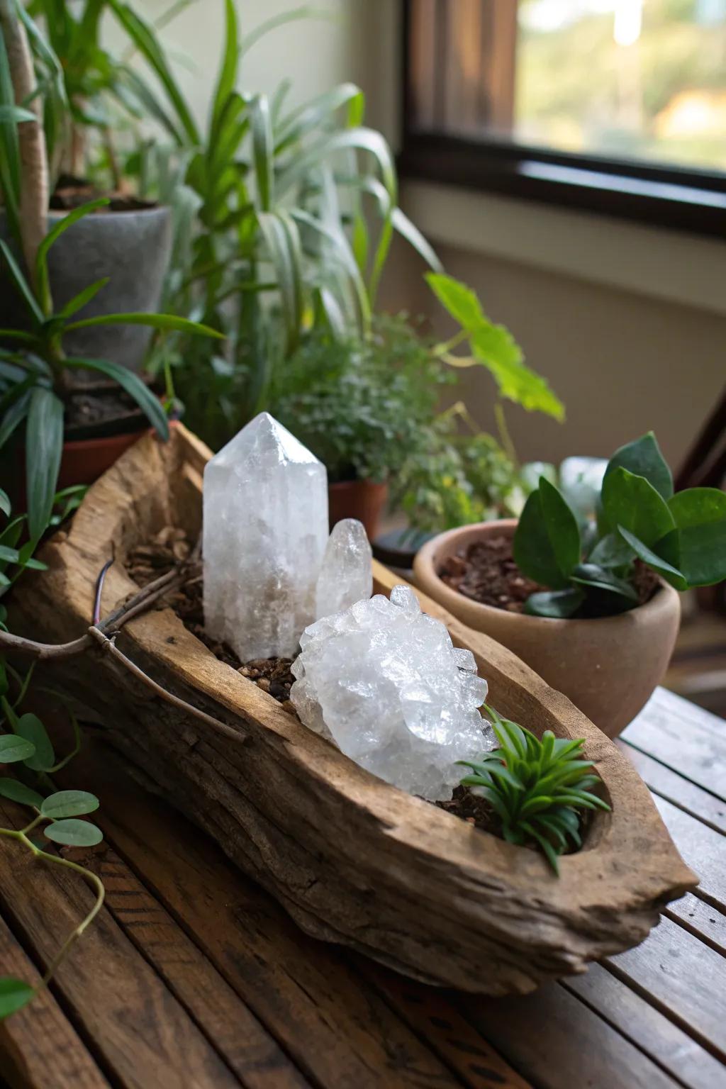 Crystals and natural elements creating an earthy vibe.