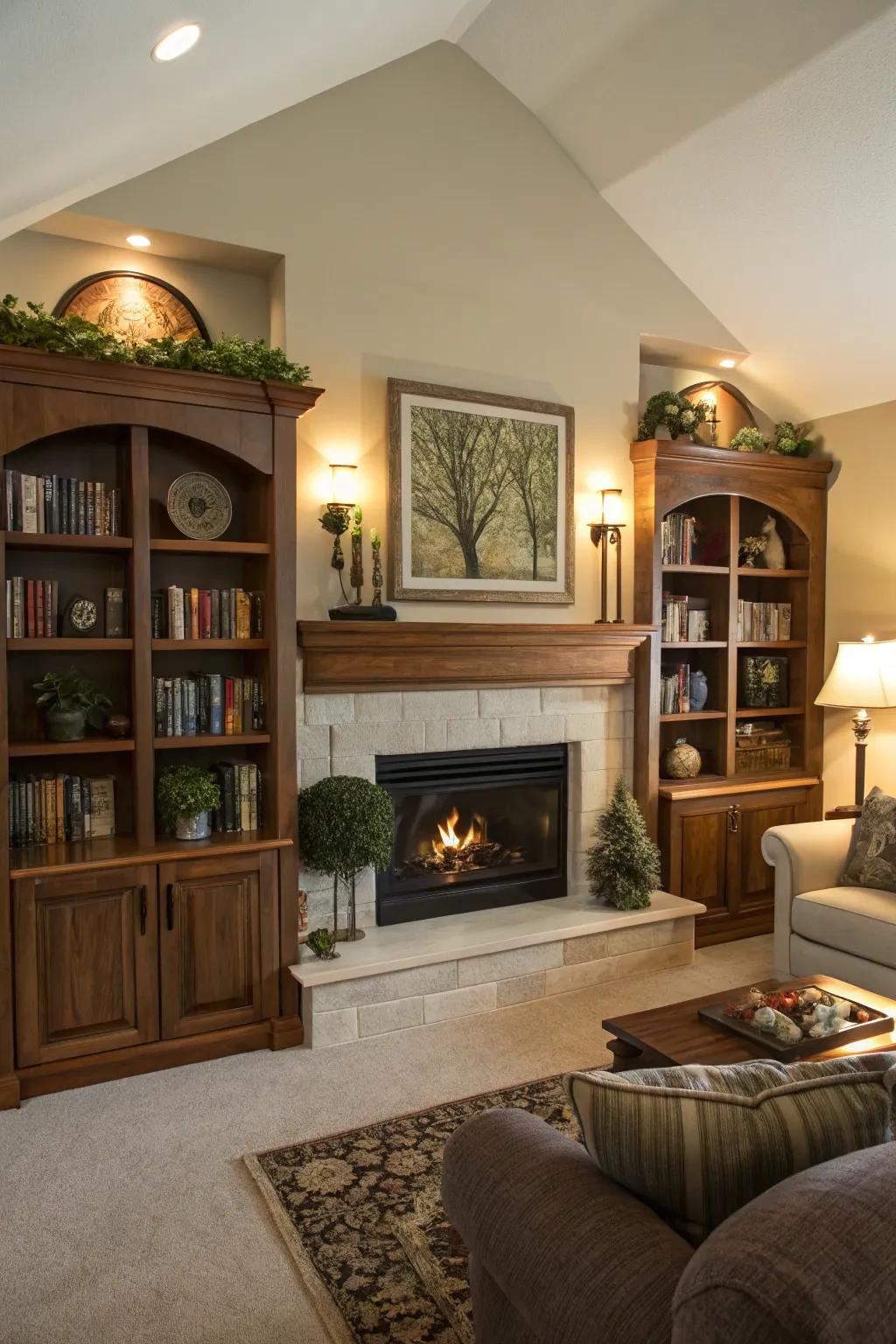 A fireplace with built-in shelving that adds both style and practicality.